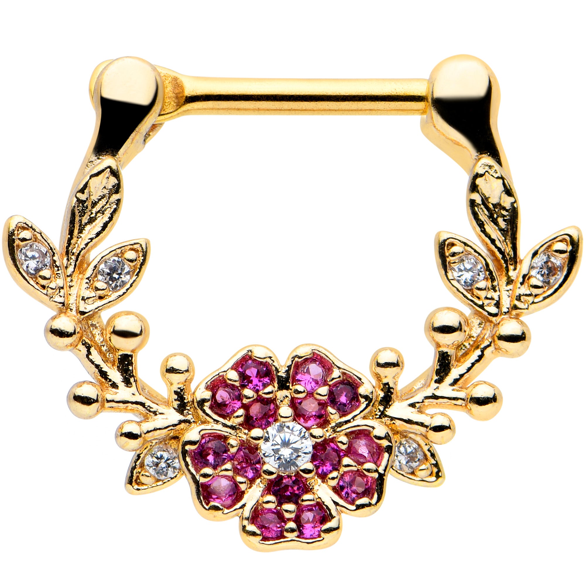 16G 5/16 Clear Pink Gem Gold Tone Floral Vine Cartilage Clicker