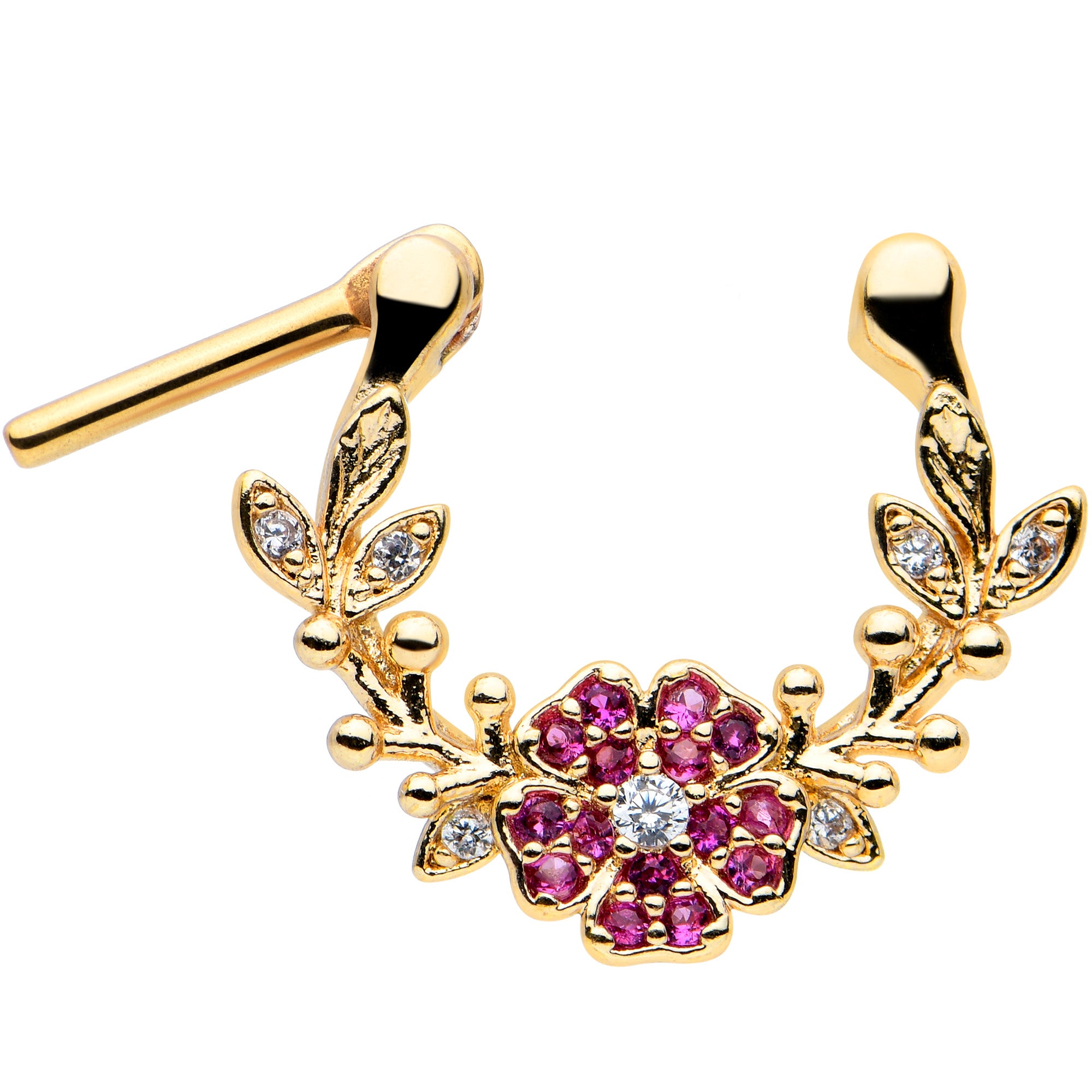 16G 5/16 Clear Pink Gem Gold Tone Floral Vine Cartilage Clicker