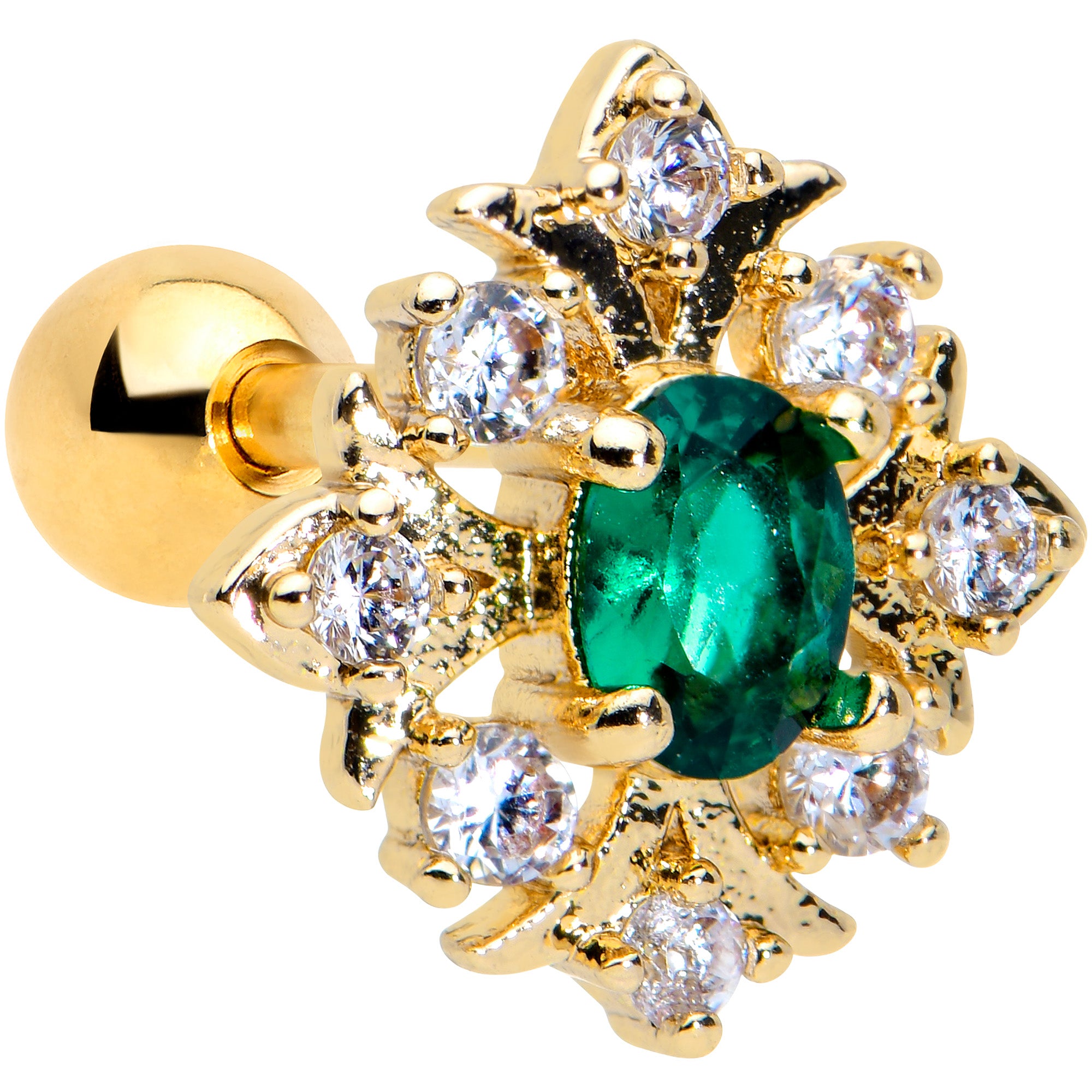 16G 1/4 Clear Green Gem Gold Tone Art Deco Style Cartilage Tragus