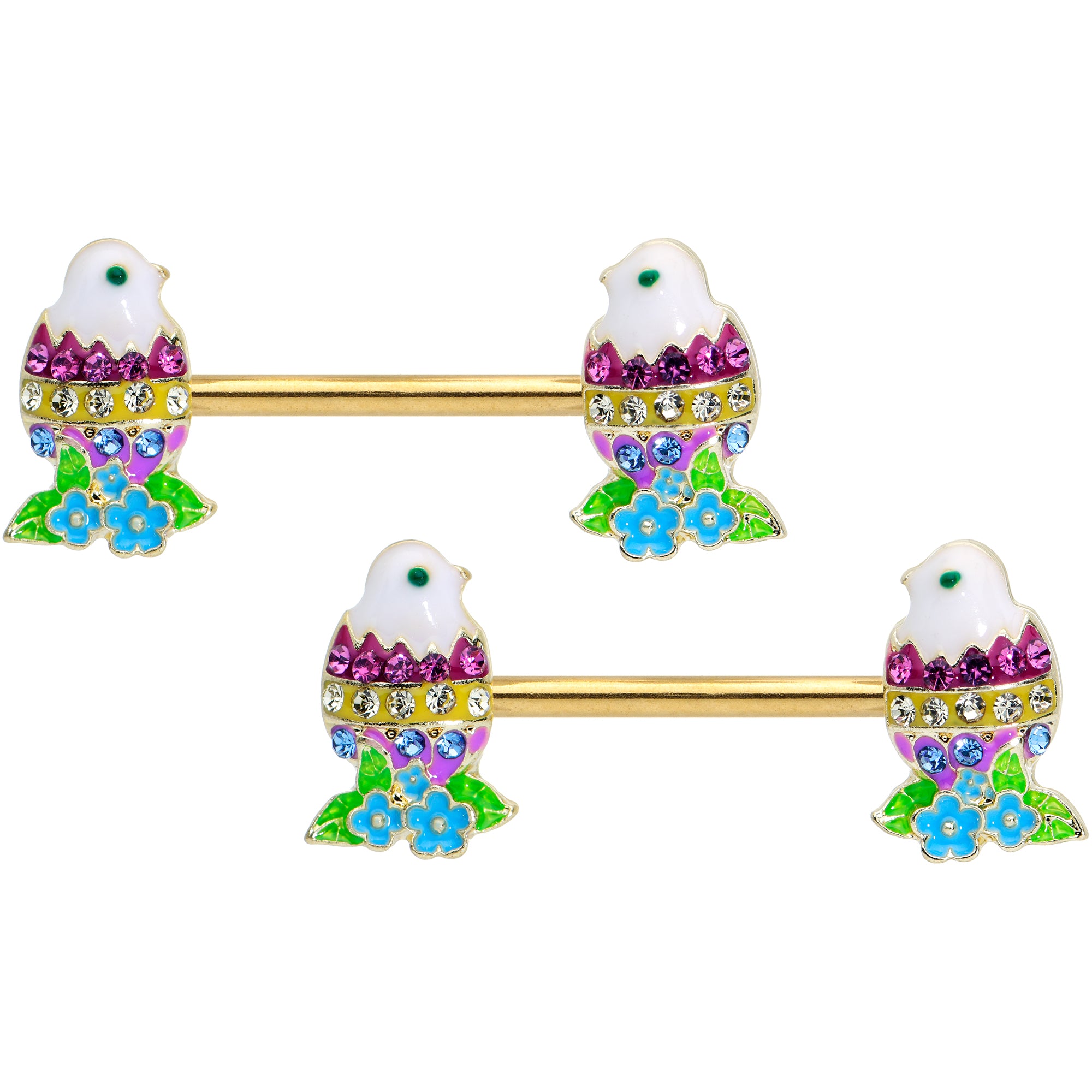 14G 9/16 Clear Blue Gem Gold Tone Easter Chick Nipple Ring Set
