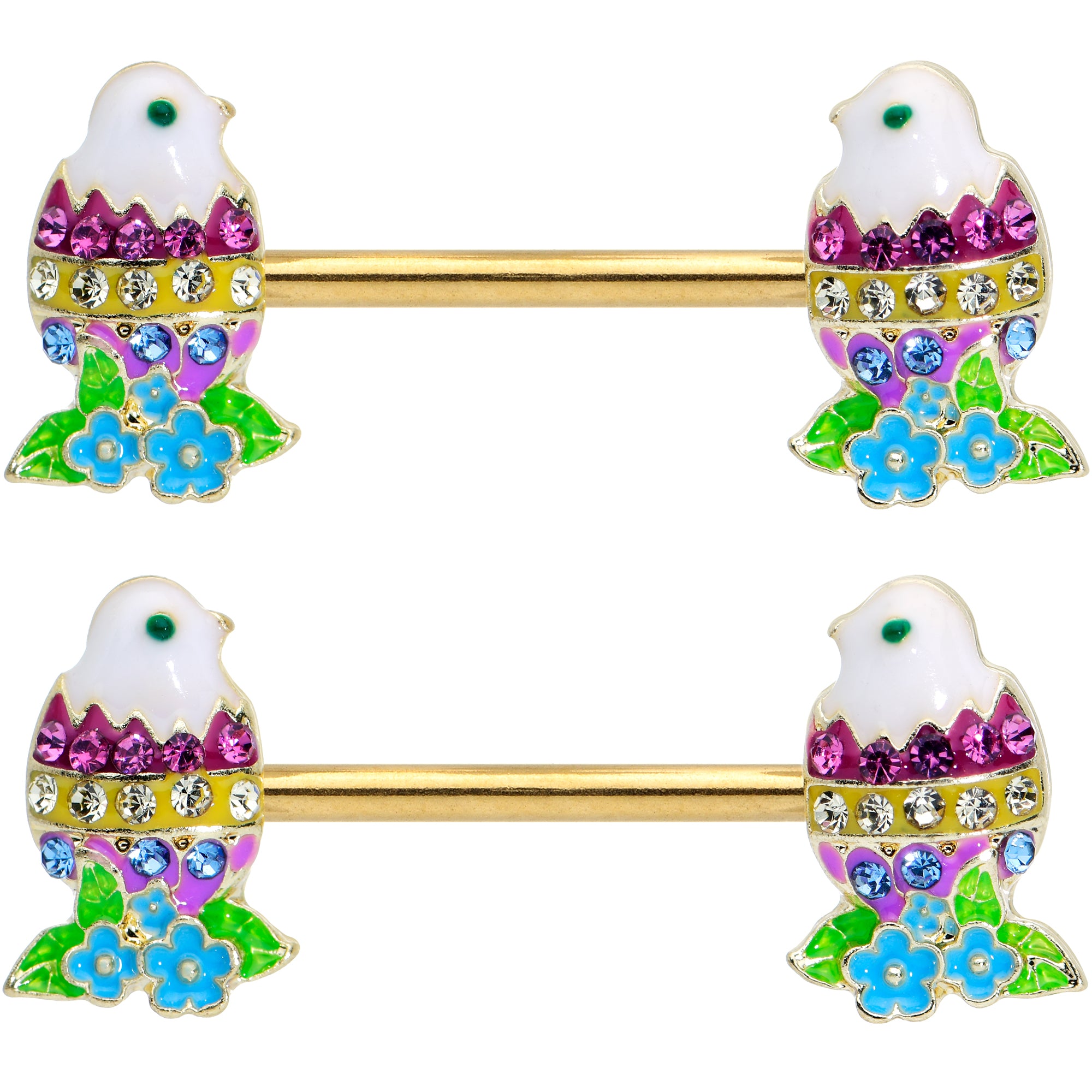 14G 9/16 Clear Blue Gem Gold Tone Easter Chick Nipple Ring Set