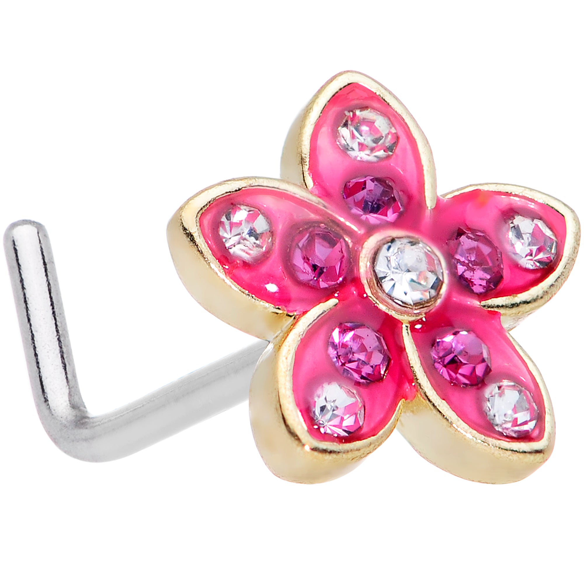 20G 1/4 Clear Purple Gem Flower L Shape Nose Ring