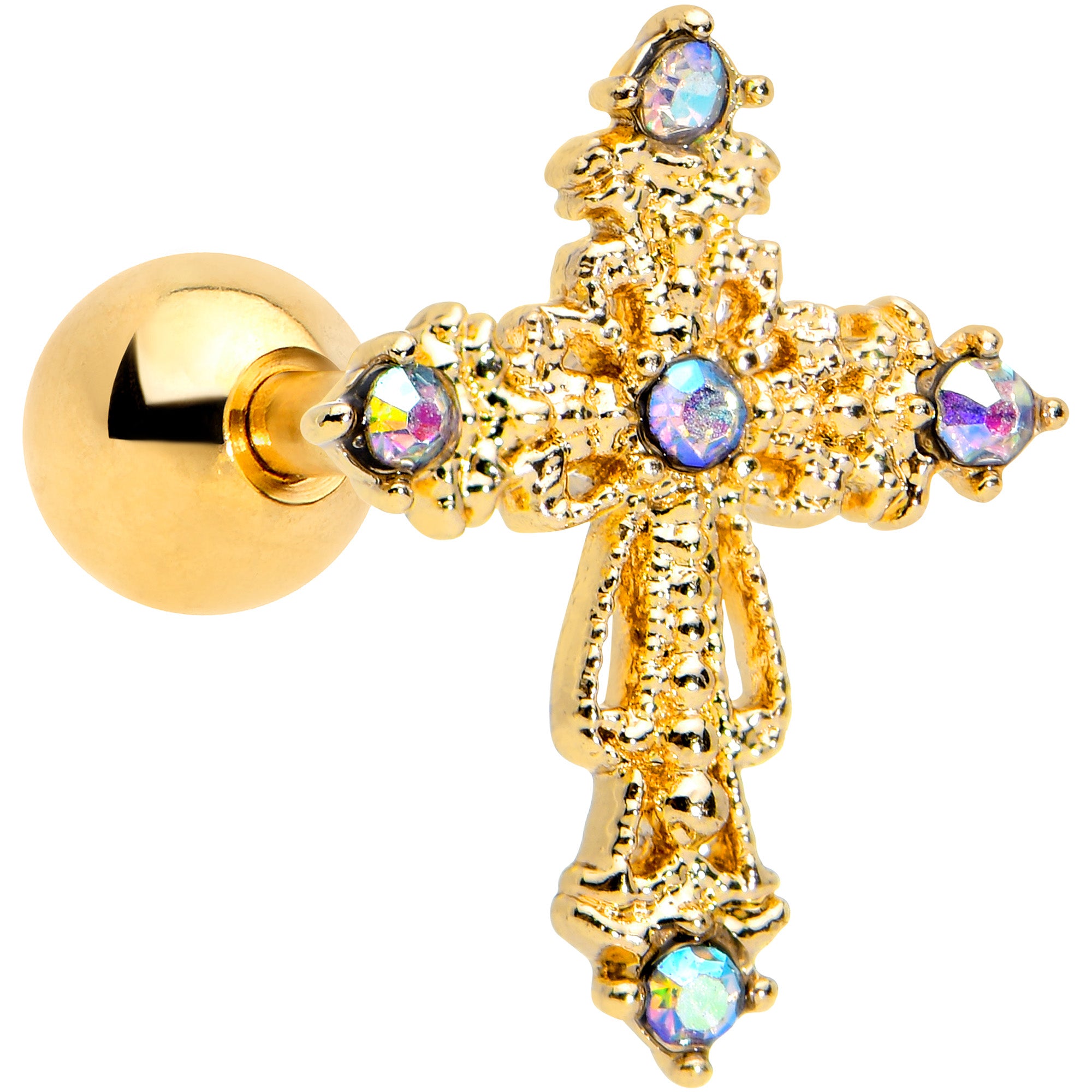 16G 1/4 Aurora CZ Gem Gold Tone Elegant Cross Cartilage Tragus