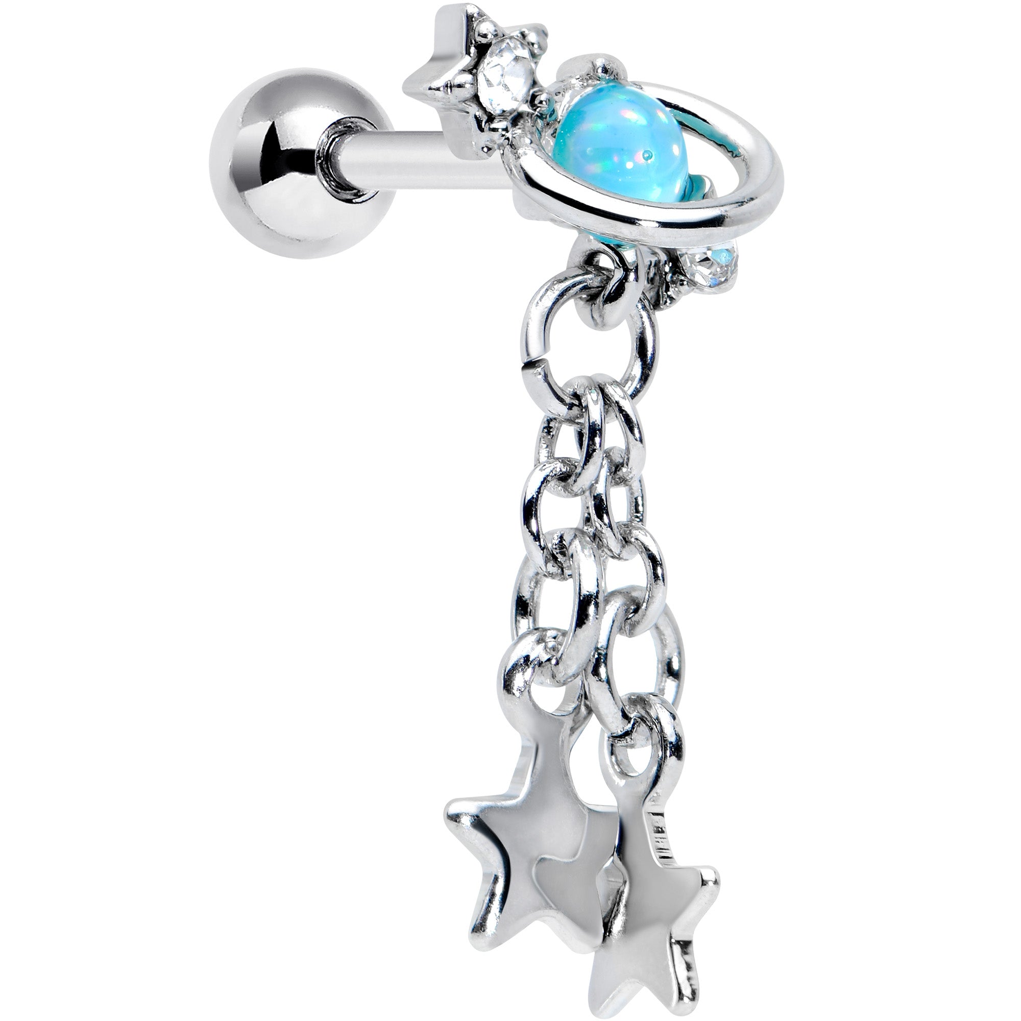 16G 1/4 Clear Blue Gem Saturn Planet Star Dangle Cartilage Tragus