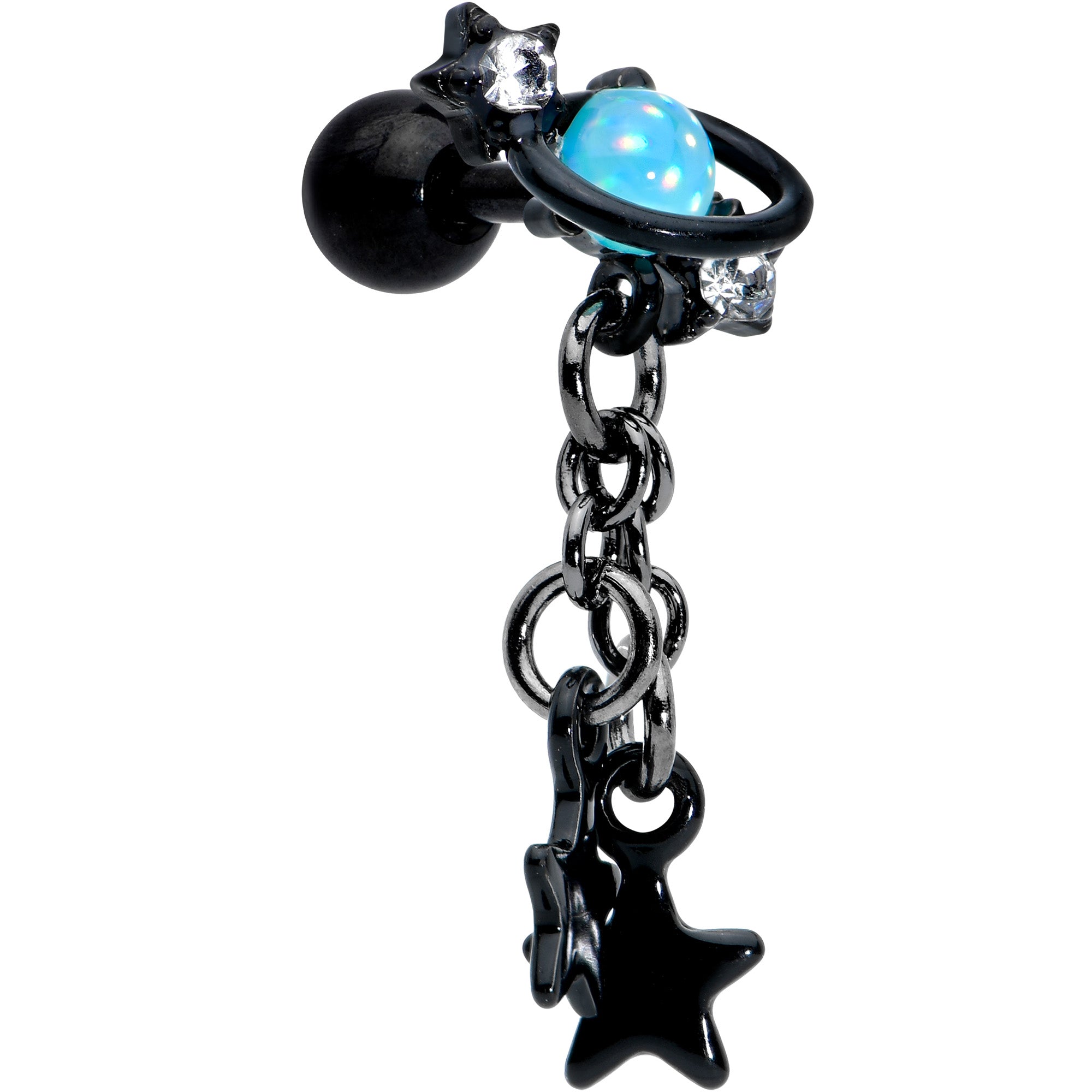 16G 1/4 Blue Gem Black Saturn Planet Star Dangle Cartilage Tragus