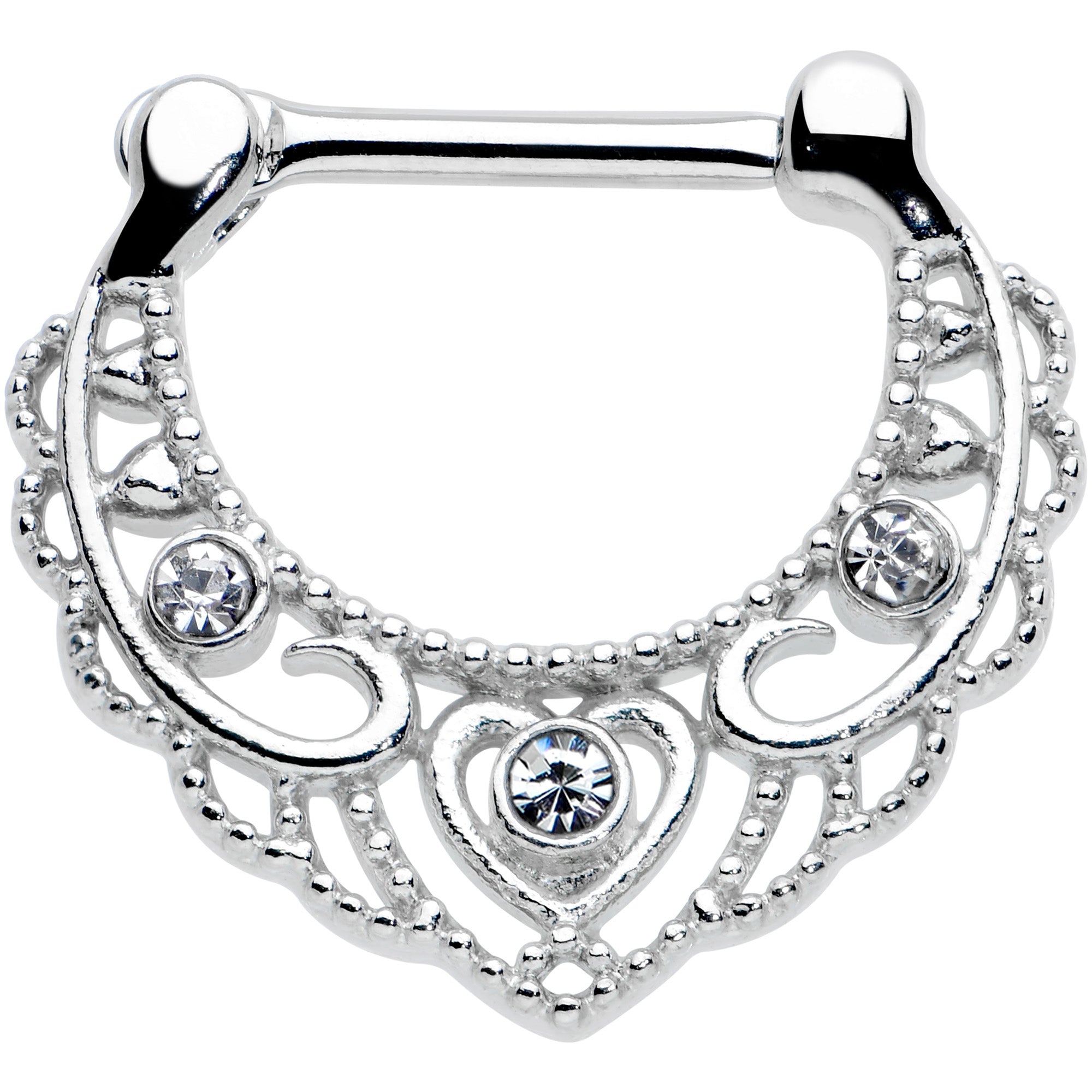 16G 5/16 Clear Gem Textured Baroque Heart Cartilage Clicker