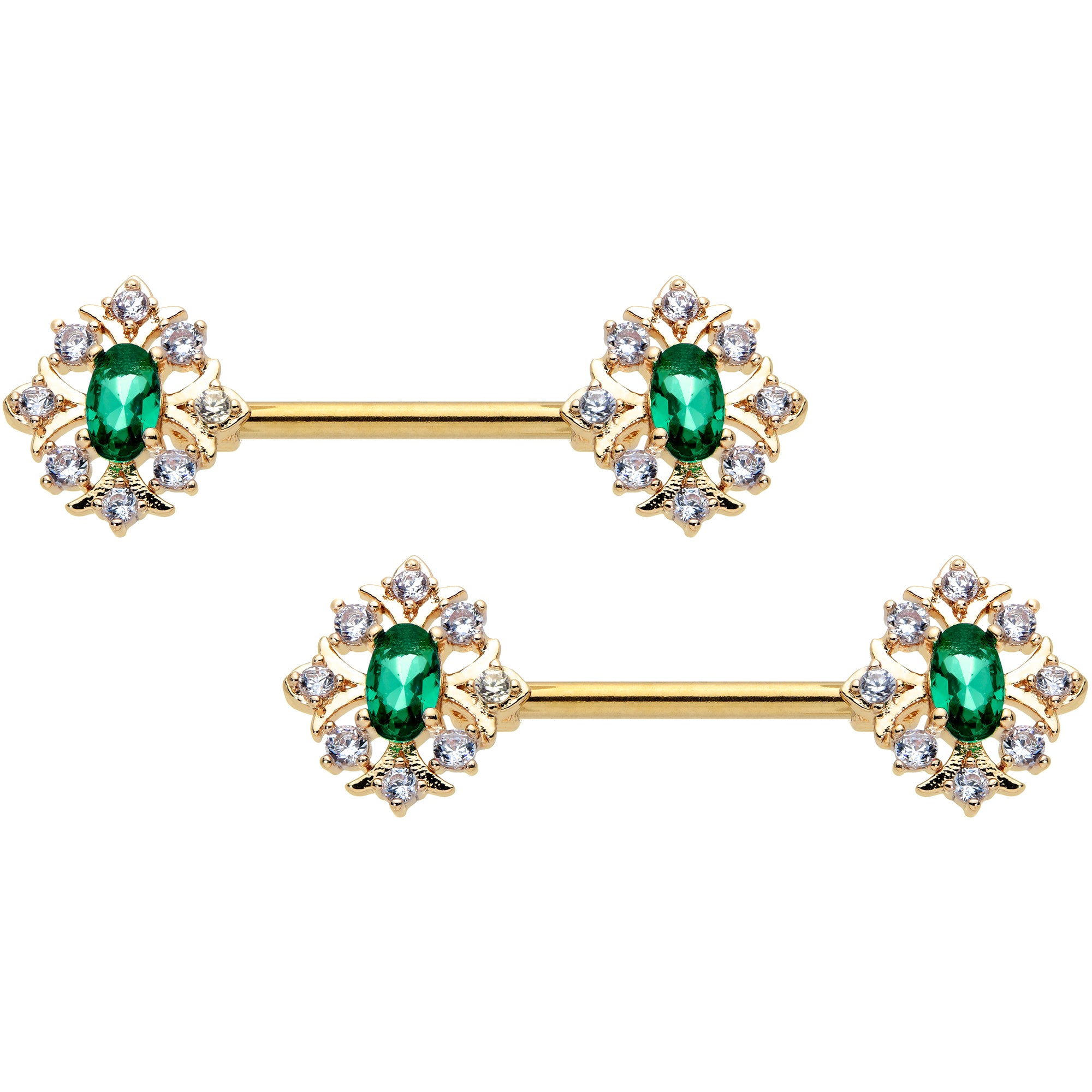 14G 1/2 Clear Green Gem Gold Hue Art Deco Barbell Nipple Ring Set