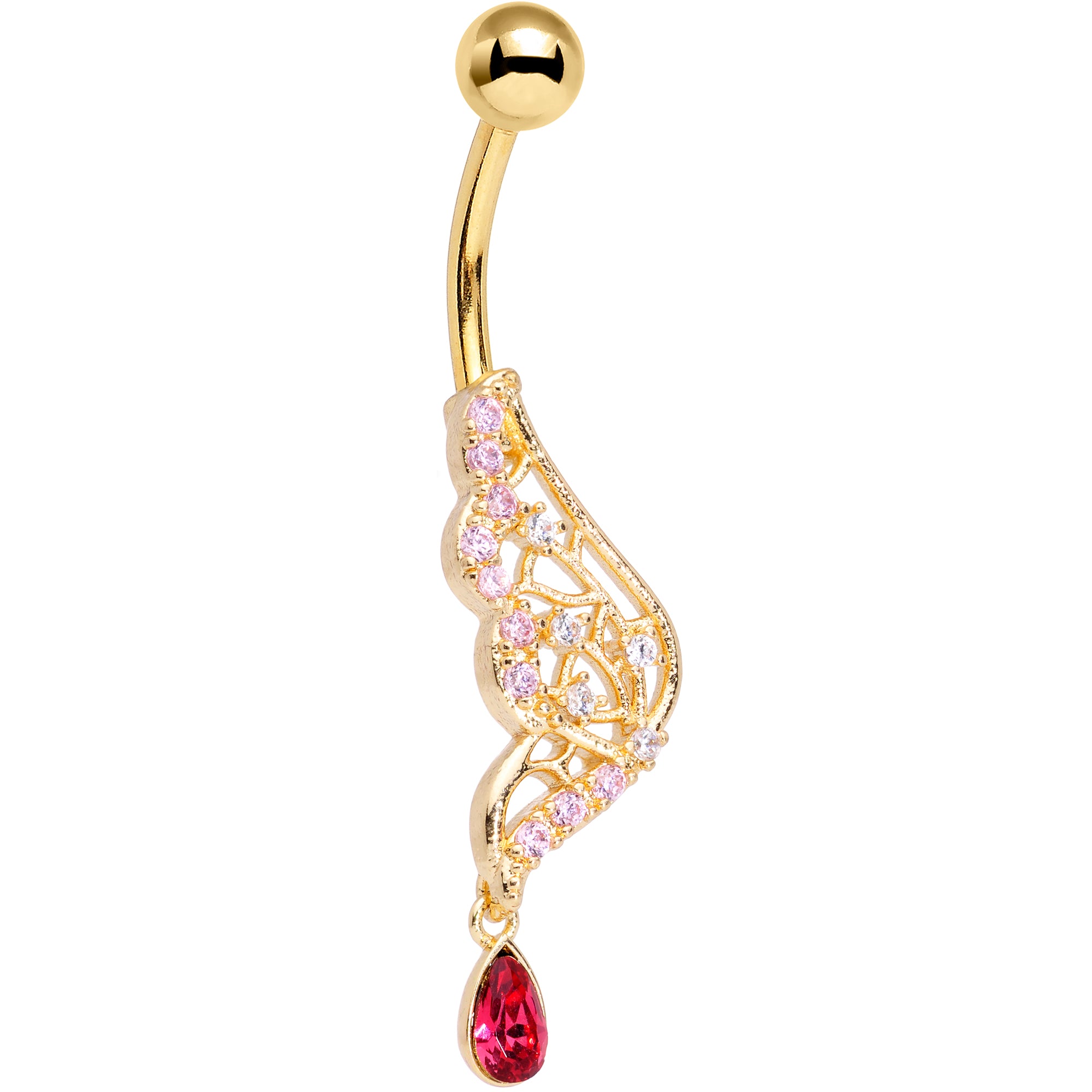 Clear Red Gem Gold Tone Airy Wing Dangle Belly Ring