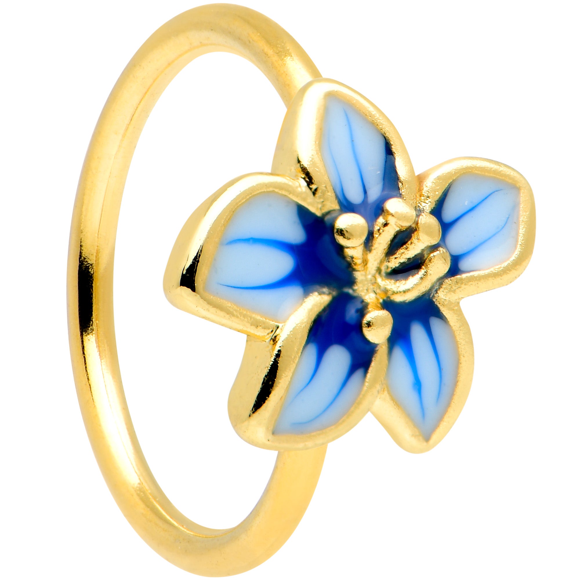 20G 5/16 Gold Tone White Blue Flower Nose Hoop