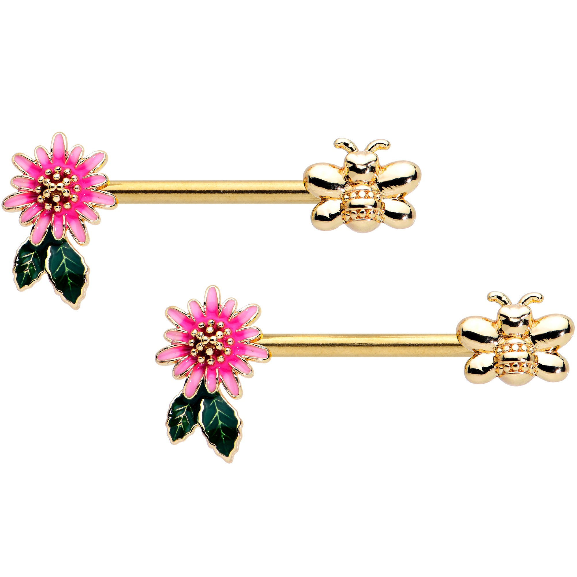 14G 1/2 Gold Tone Pink Flower Bee Barbell Nipple Ring Set