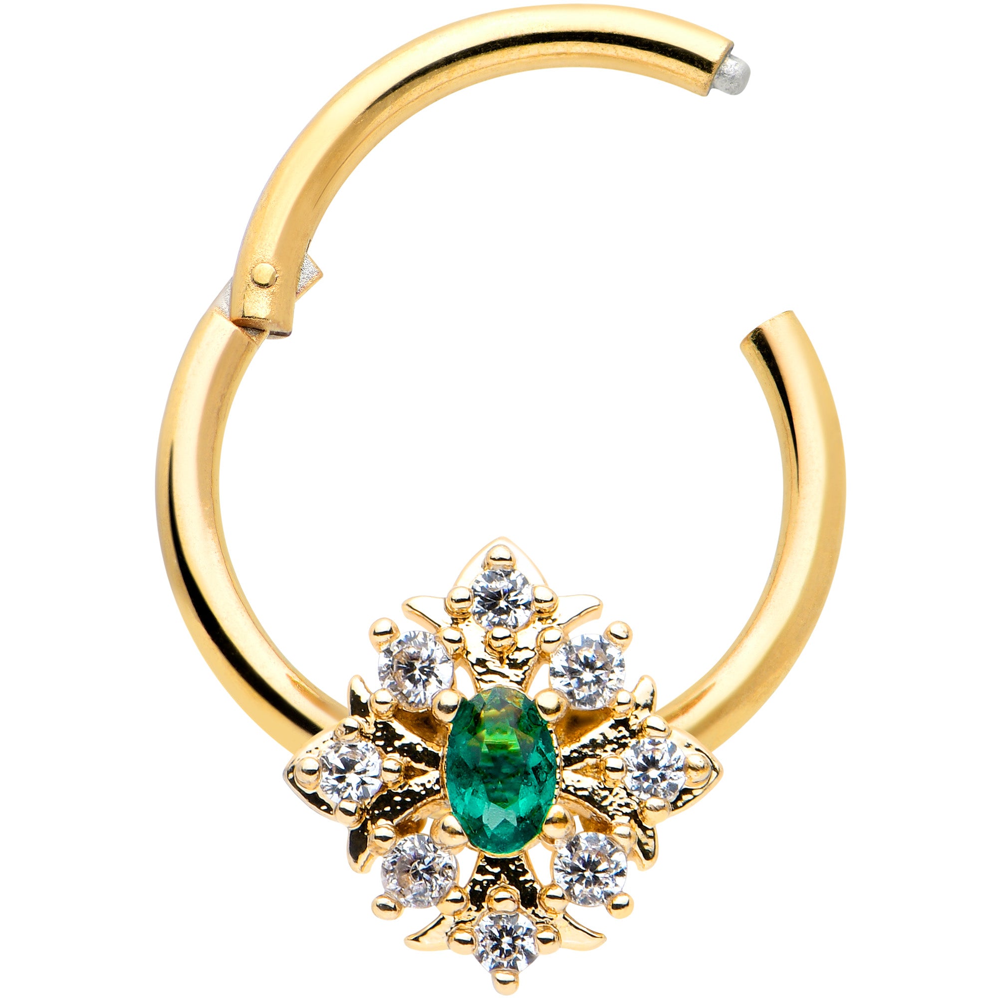 16G 3/8 Clear Green Gem Gold Tone Art Deco Hinged Segment Ring