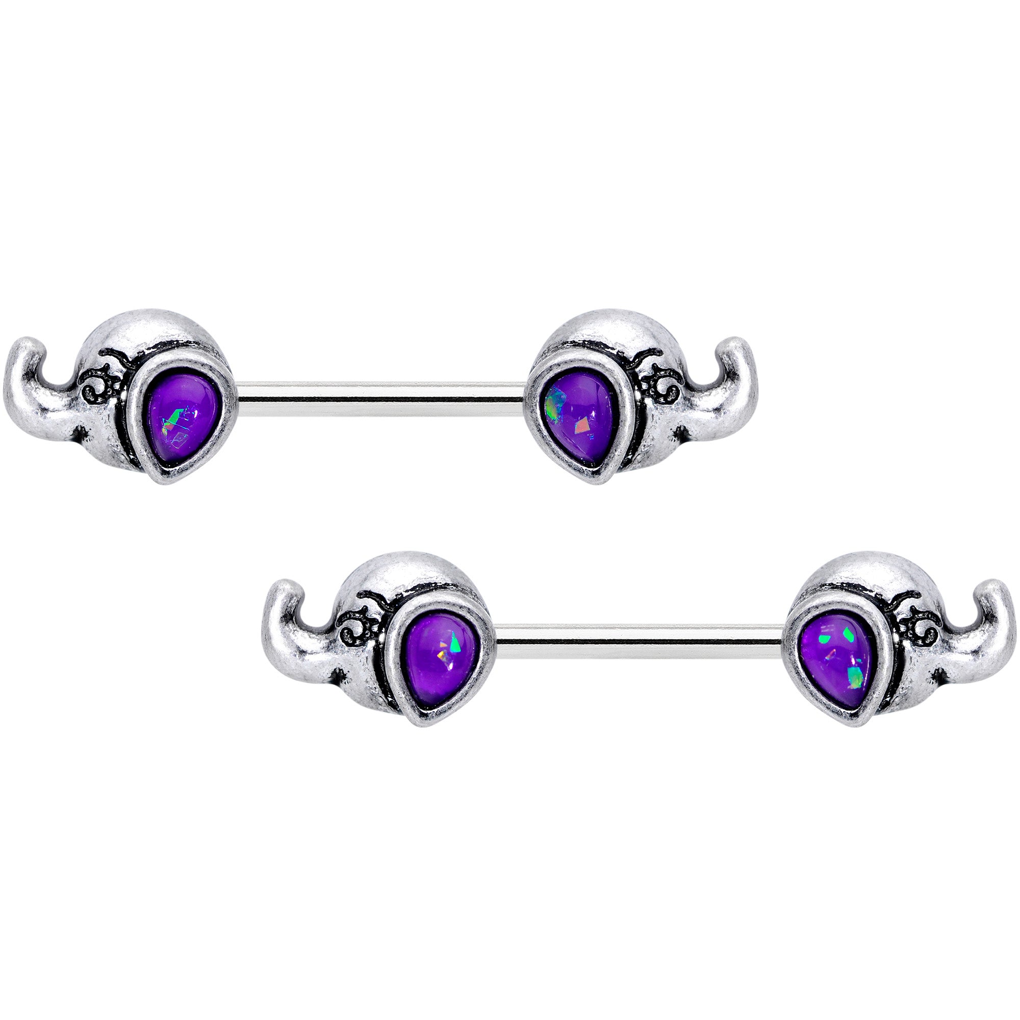 14G 9/16 Blue Faux Opal Elegant Elephant Barbell Nipple Ring Set