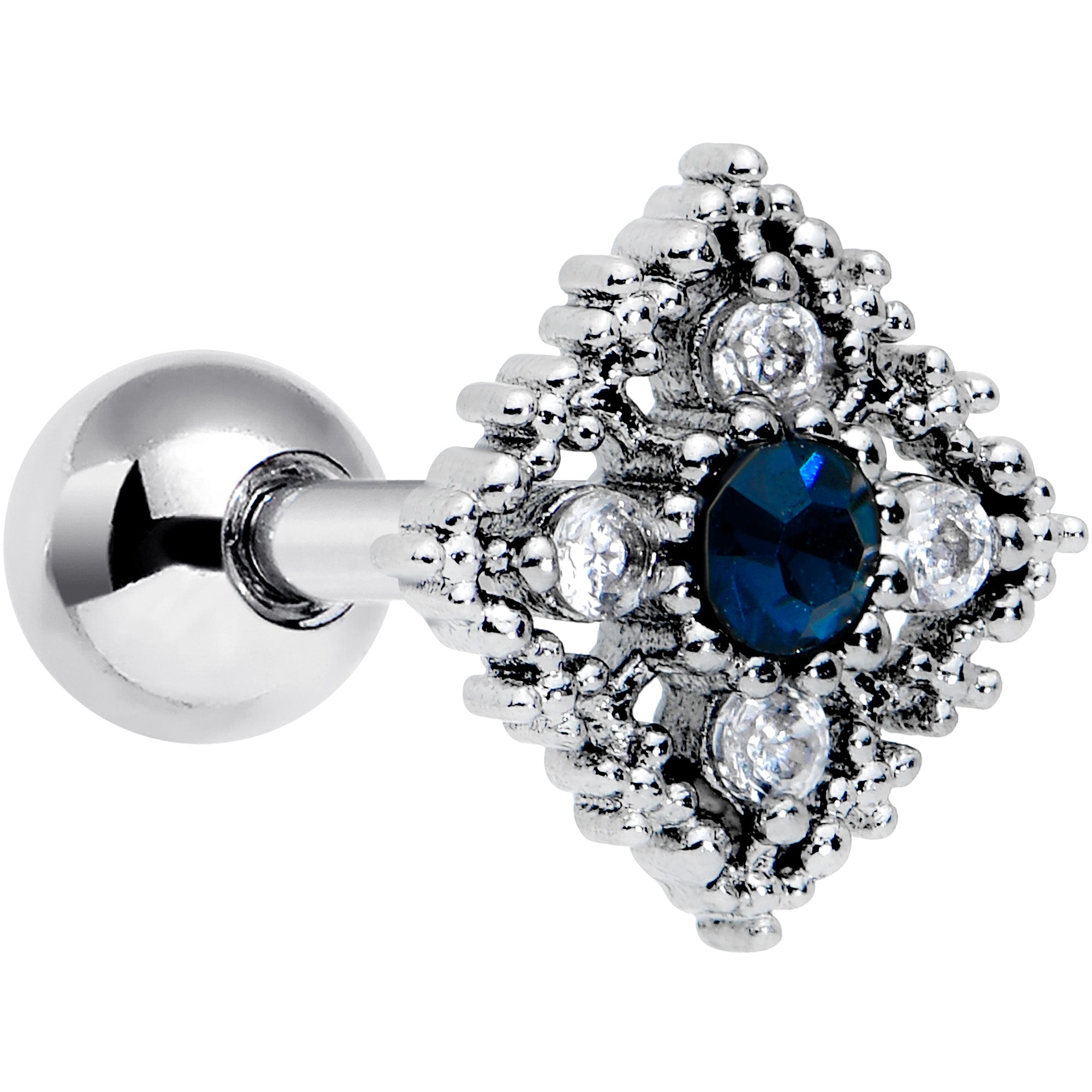 16G 1/4 Clear Blue Gem Textured Rhombus Cross Cartilage Tragus