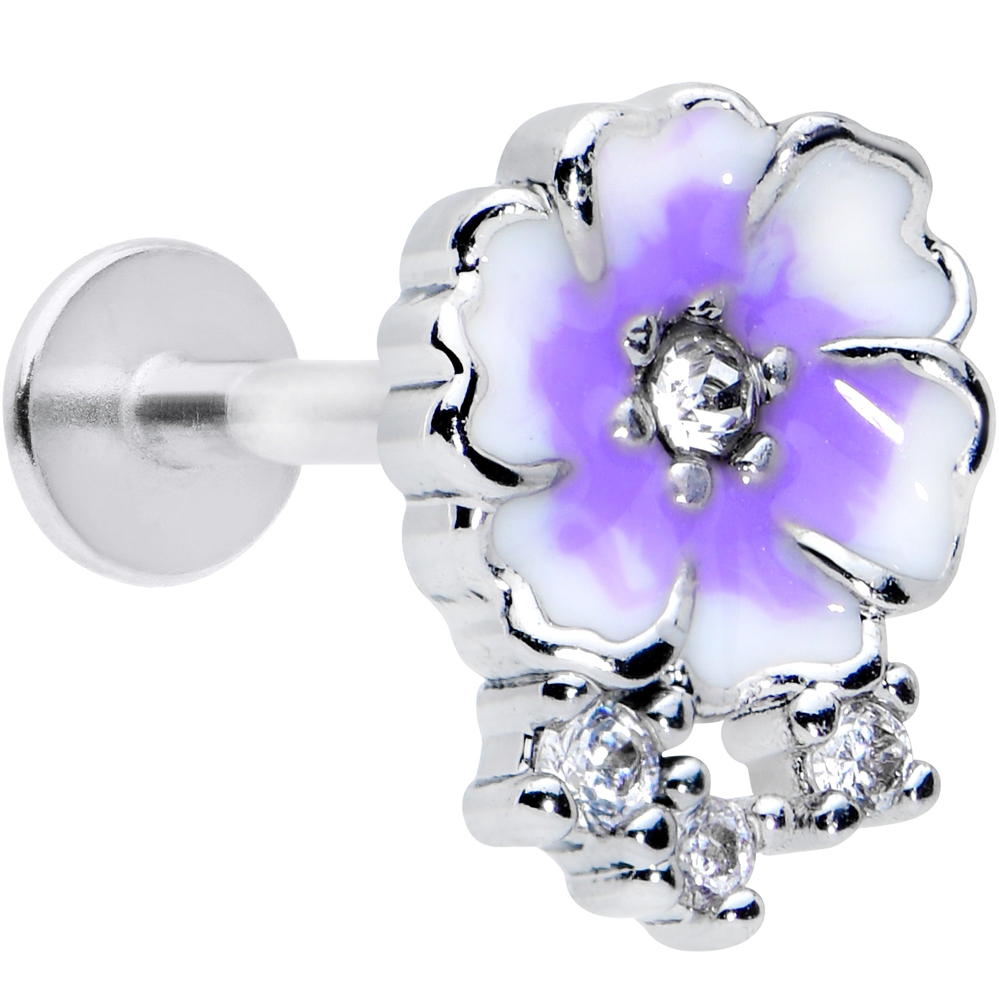 16G 5/16 Clear CZ Gem Purple White Flower Labret Monroe Tragus