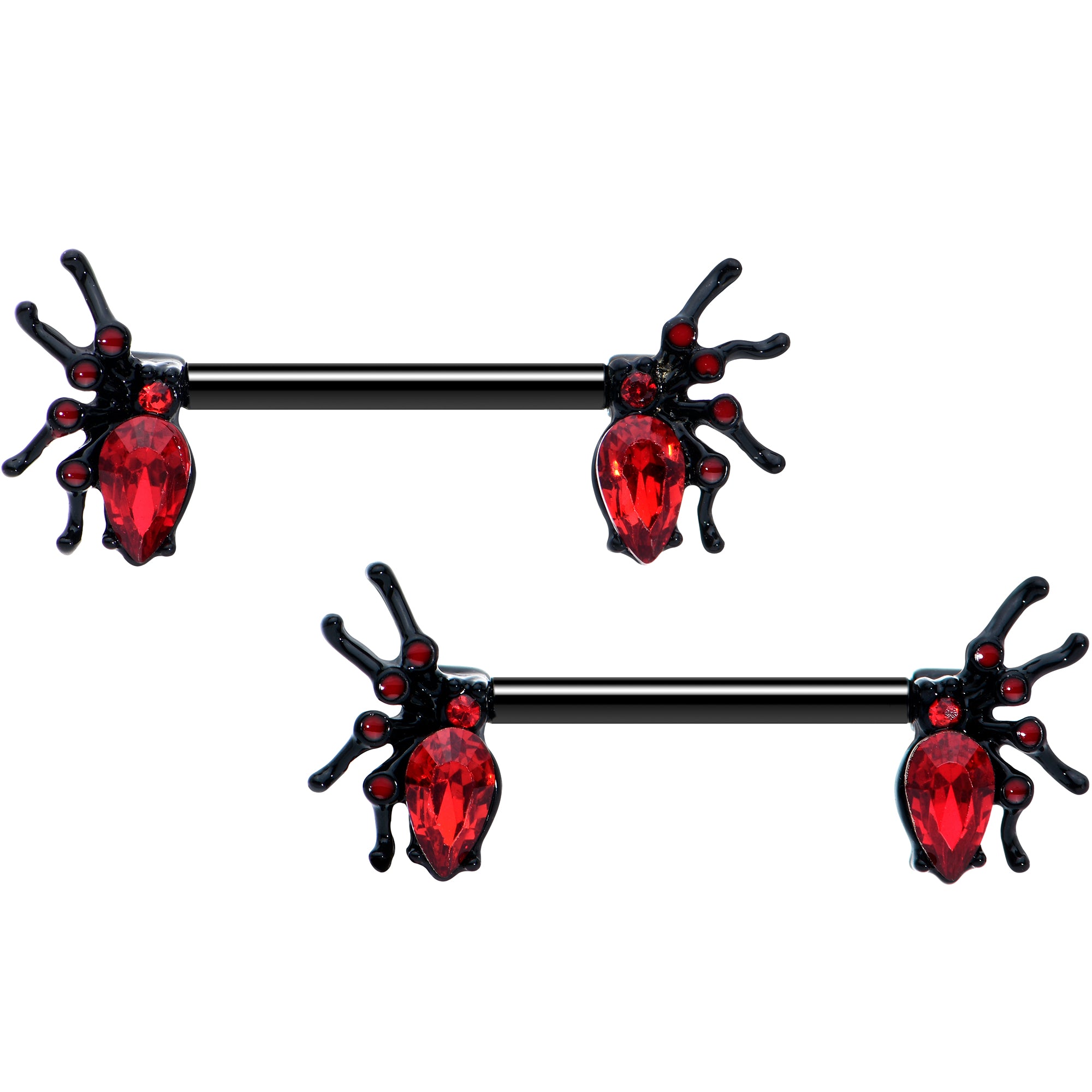 14G Red Gem Black Creep Spider Halloween Barbell Nipple Ring Set