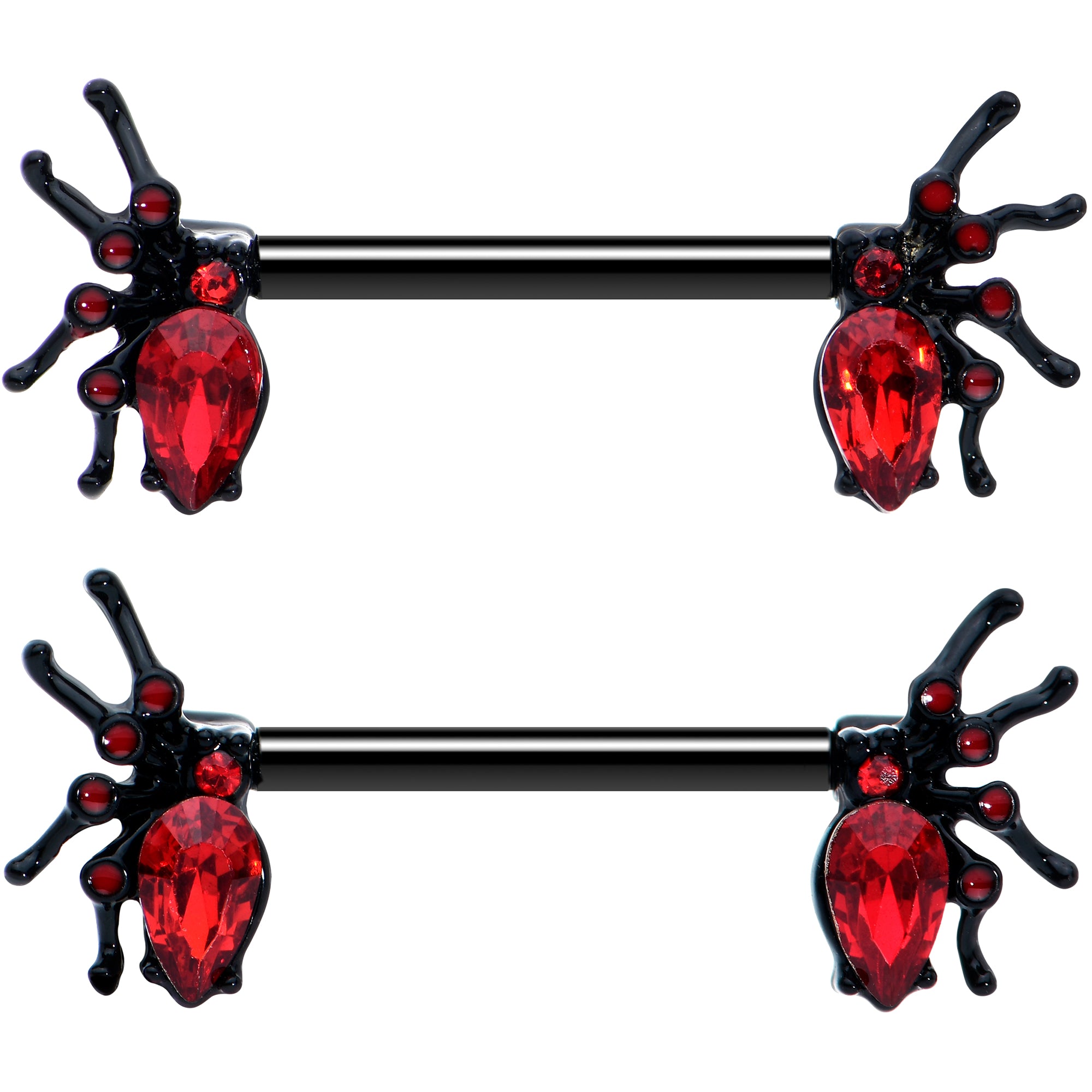 14G Red Gem Black Creep Spider Halloween Barbell Nipple Ring Set