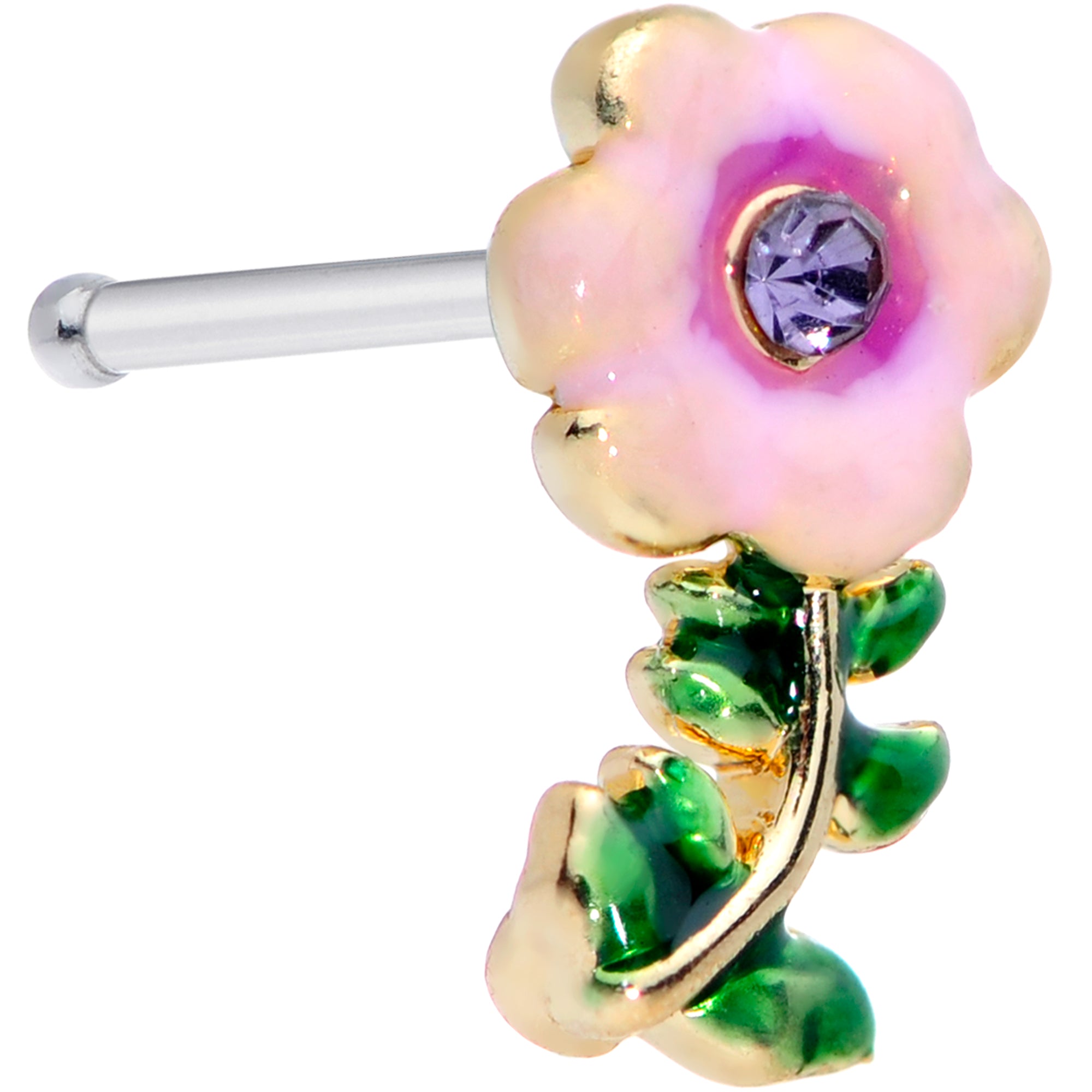 20G 1/4 Purple CZ Gem Pink Flower Leaves Nose Bone