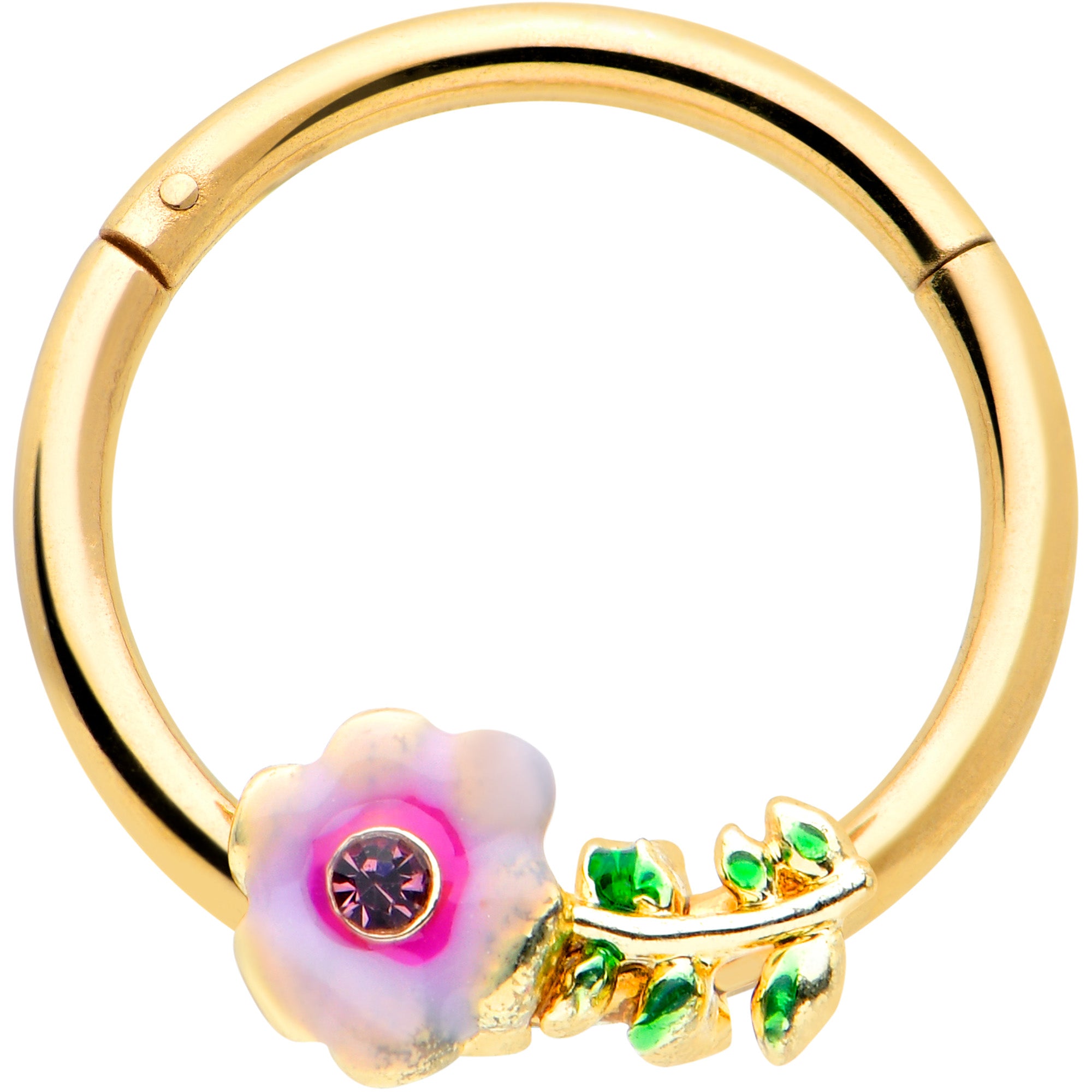 16G 3/8 Purple CZ Gem Gold Tone Pink Flower Hinged Segment Ring