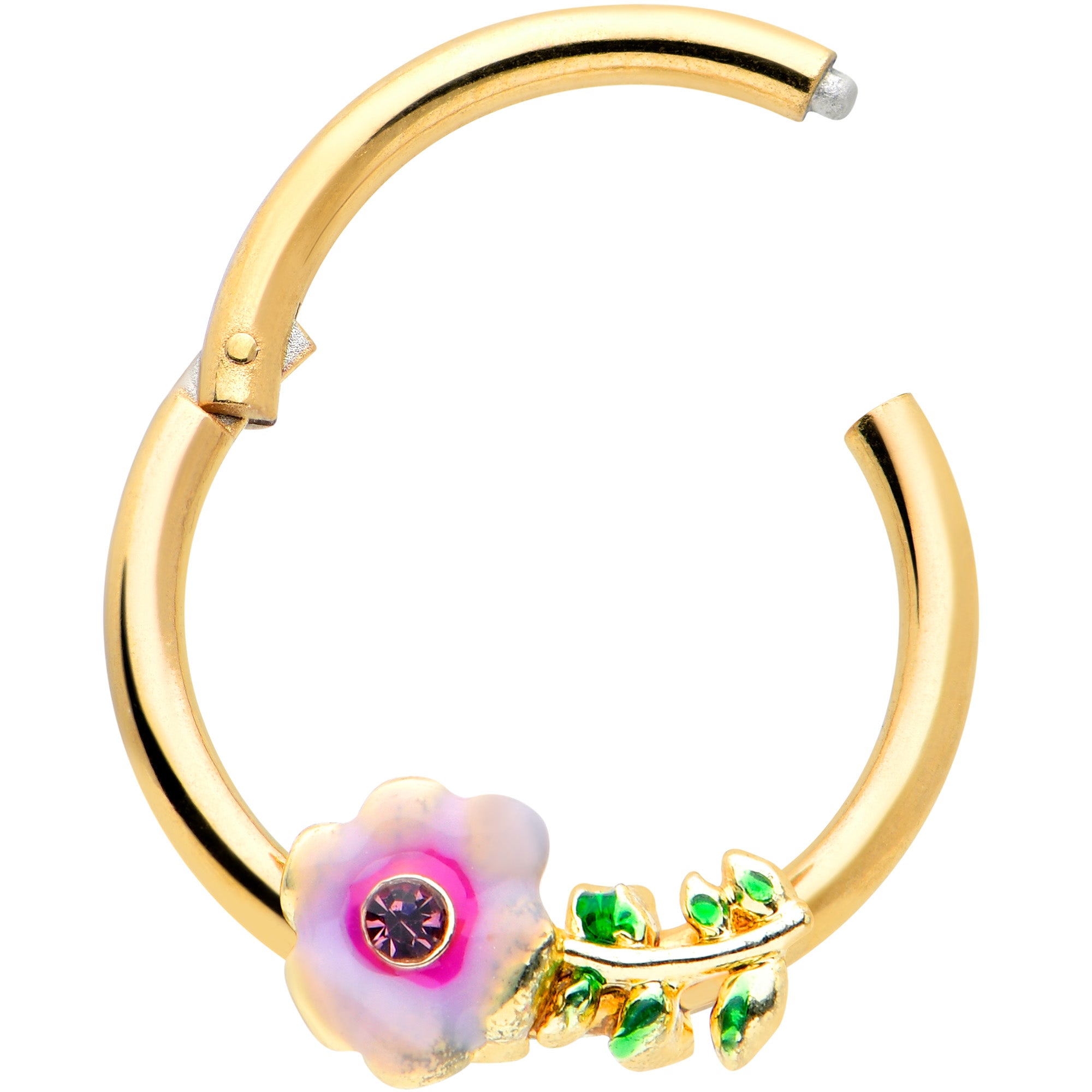16G 3/8 Purple CZ Gem Gold Tone Pink Flower Hinged Segment Ring