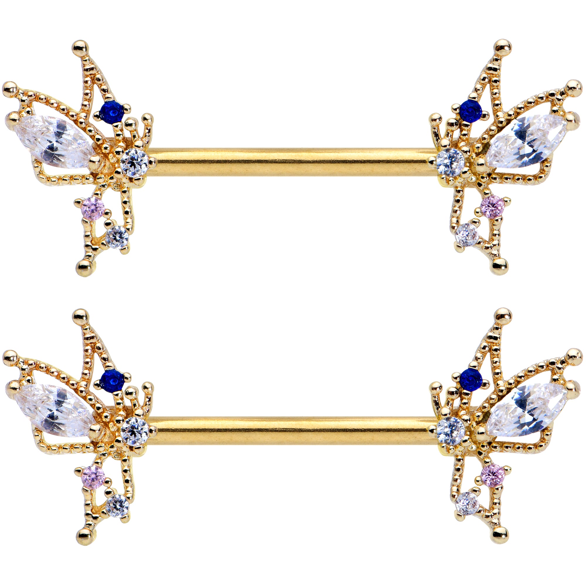 14G 9/16 Clear CZ Gem Gold Tone Christmas Angel Nipple Ring Set