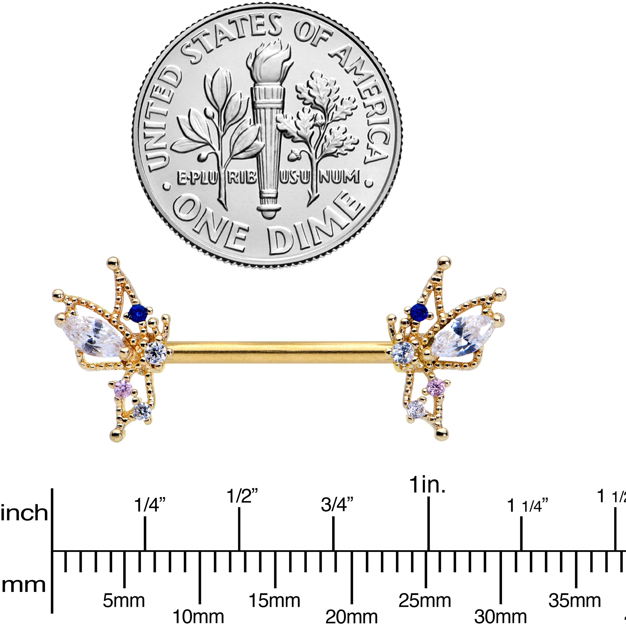 14G 9/16 Clear CZ Gem Gold Tone Christmas Angel Nipple Ring Set