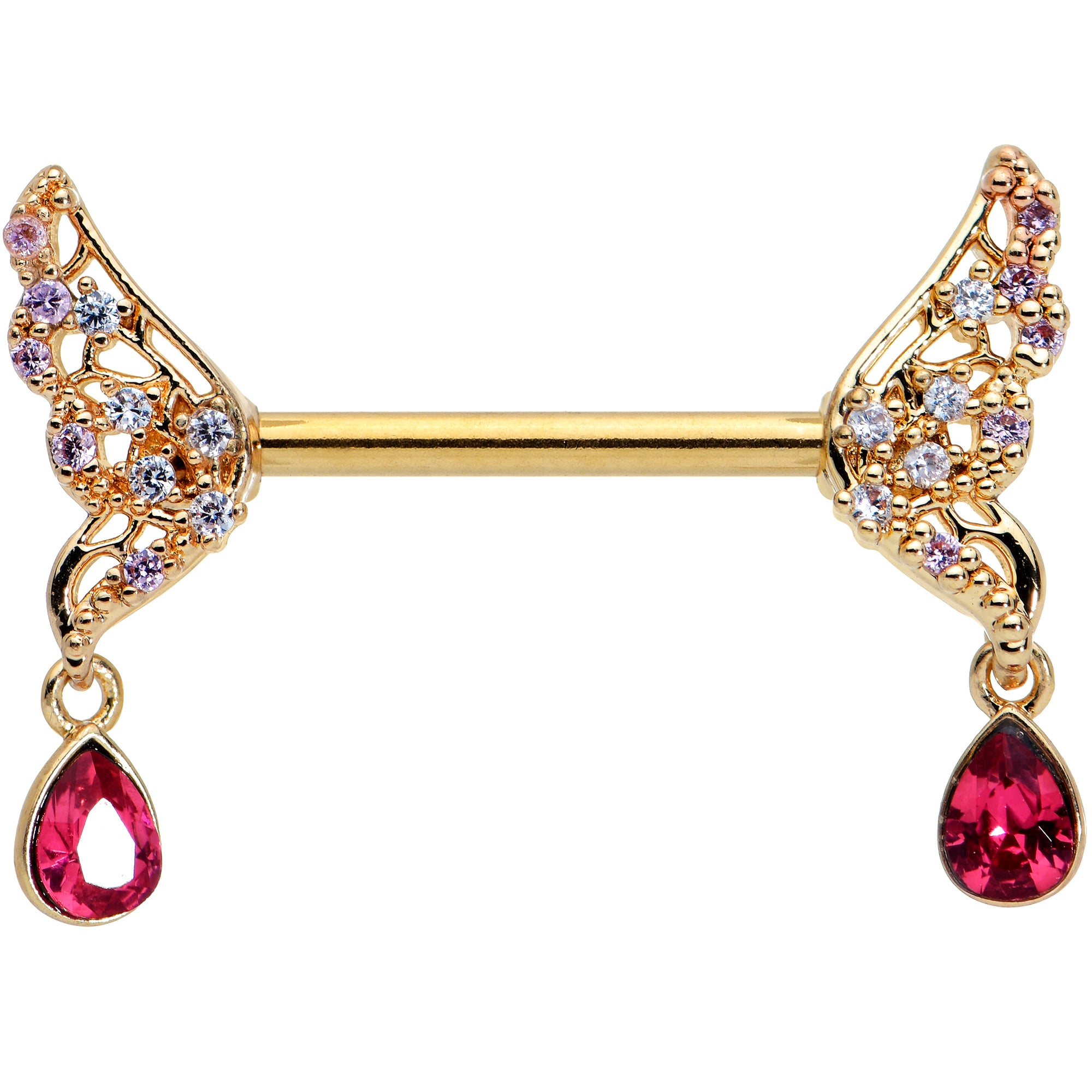 14G 9/16 Red Gem Gold Tone Wing Dangle Barbell Nipple Ring Set