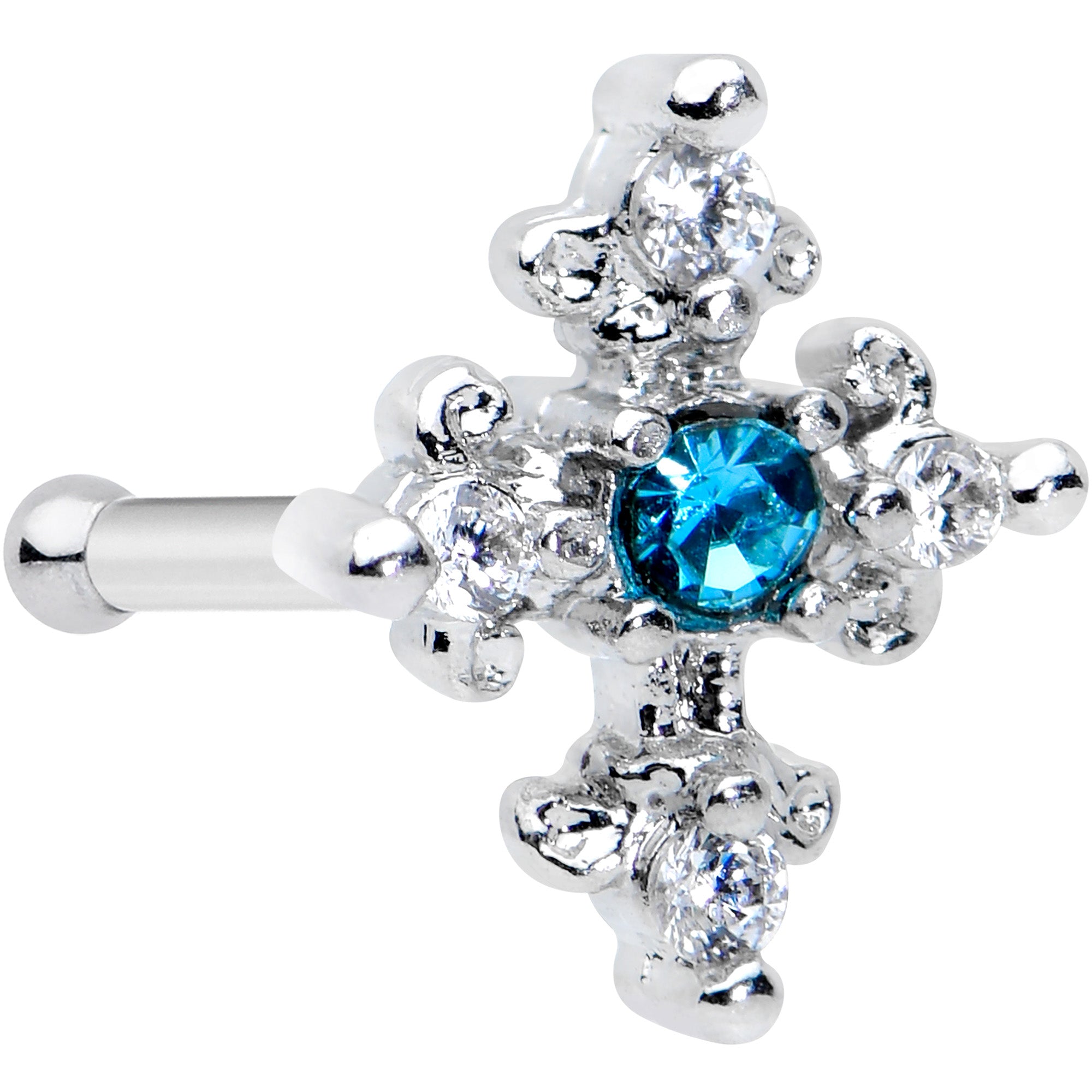 20G 5/16 Clear Blue Gem Renaissance Cross Nose Bone