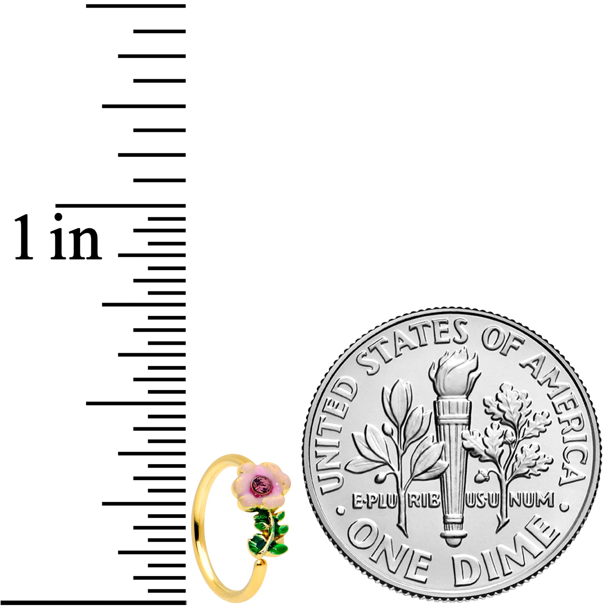 20G 5/16 Purple CZ Gem Gold Tone Pink Flower Nose Hoop