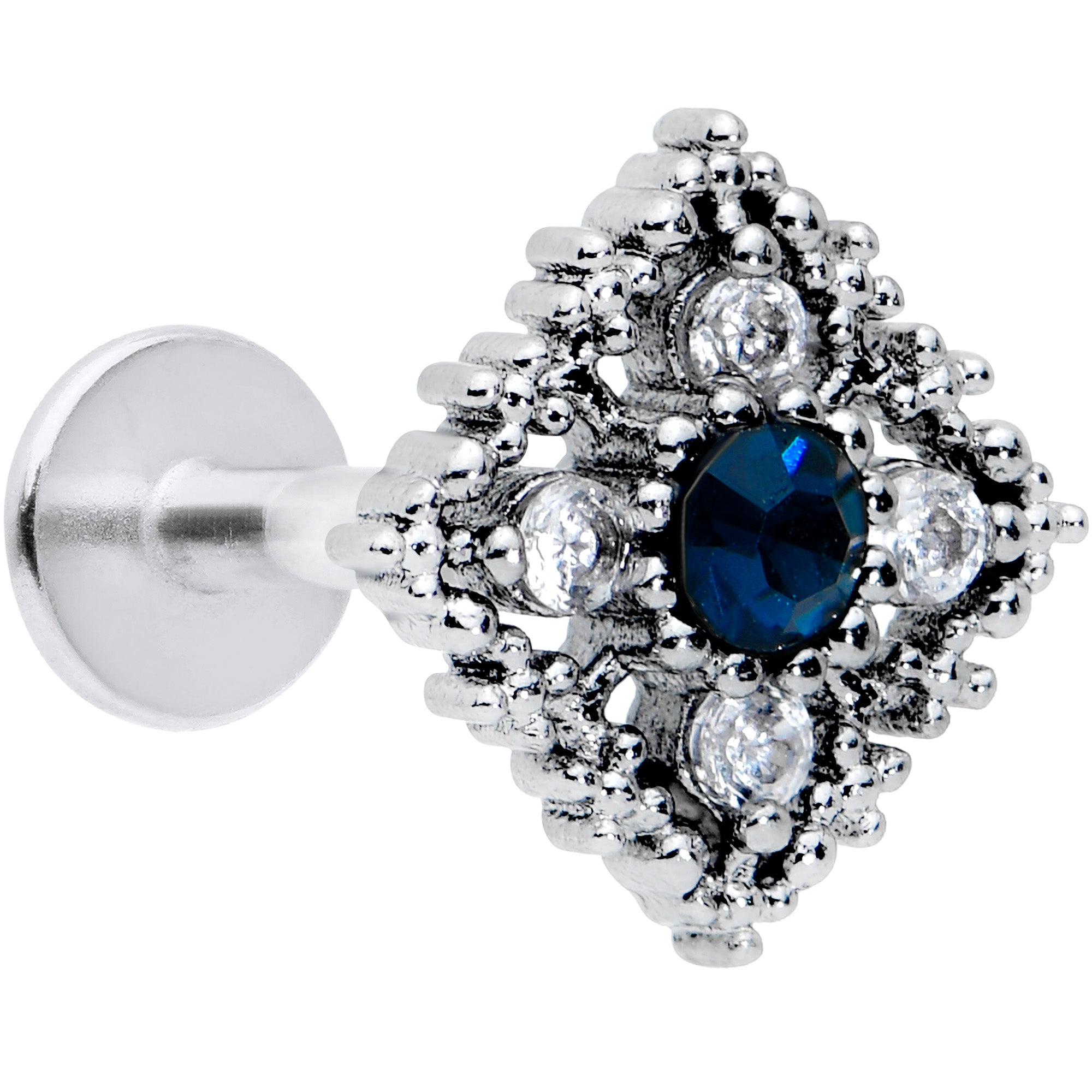 16G 5/16 Blue Gem Textured Rhombus Cross Labret Monroe Tragus