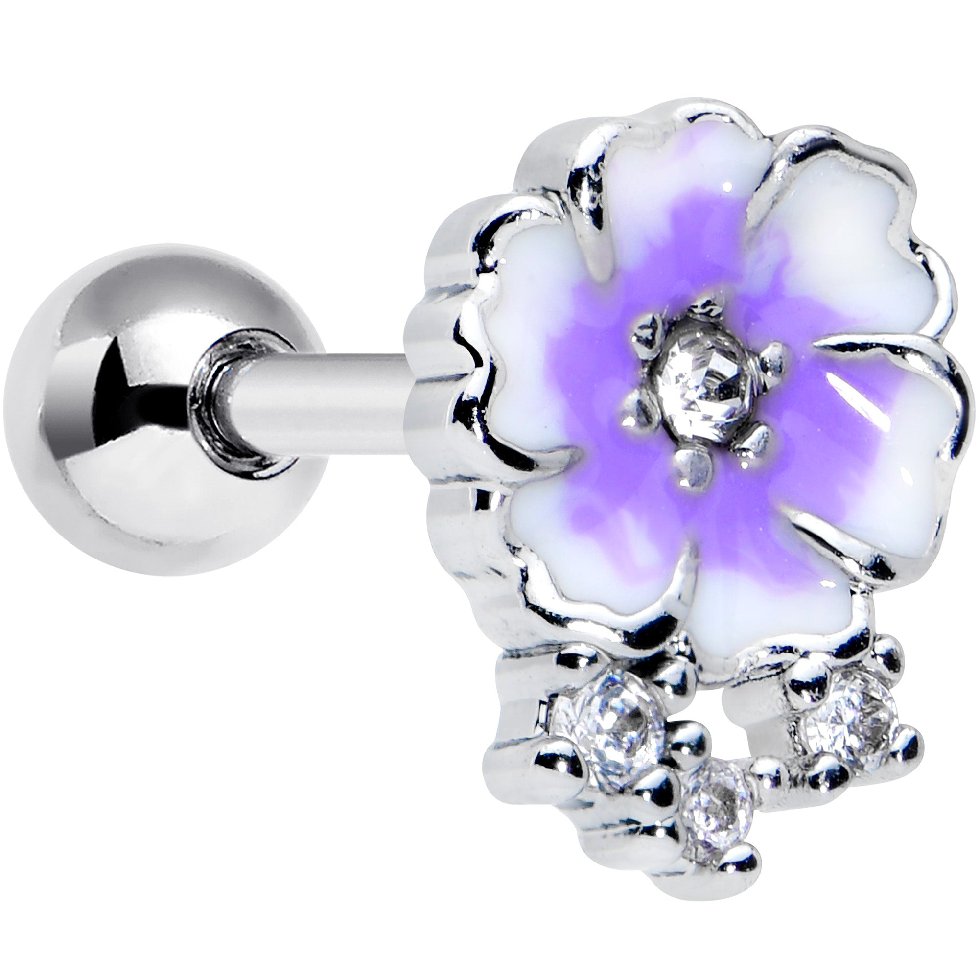 16G 1/4 Clear CZ Gem White Purple Flower Cartilage Tragus Earring
