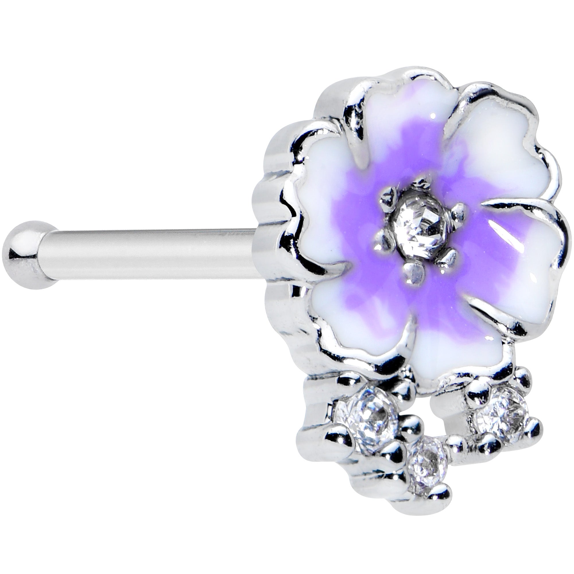 20G 1/4 Clear CZ Gem Purple White Flower Nose Bone
