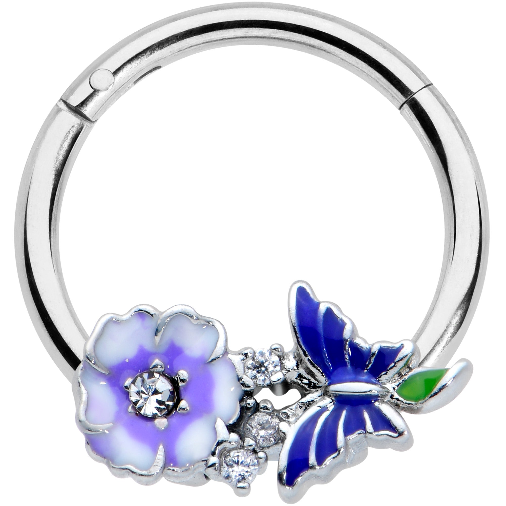 16G 3/8 Clear CZ Gem Flower Blue Butterfly Hinged Segment Ring
