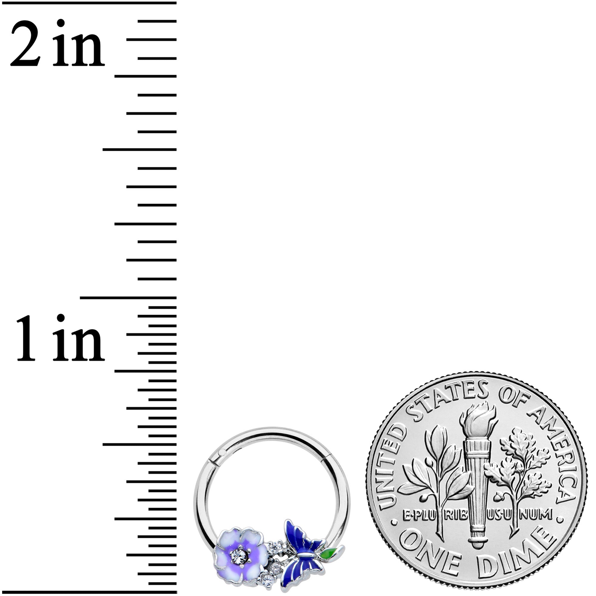 16G 3/8 Clear CZ Gem Flower Blue Butterfly Hinged Segment Ring