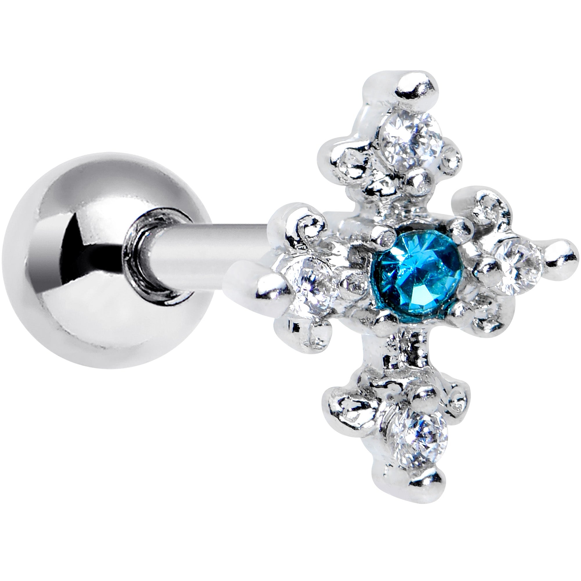 16G 1/4 Clear Blue Gem Renaissance Cross Cartilage Tragus Earring