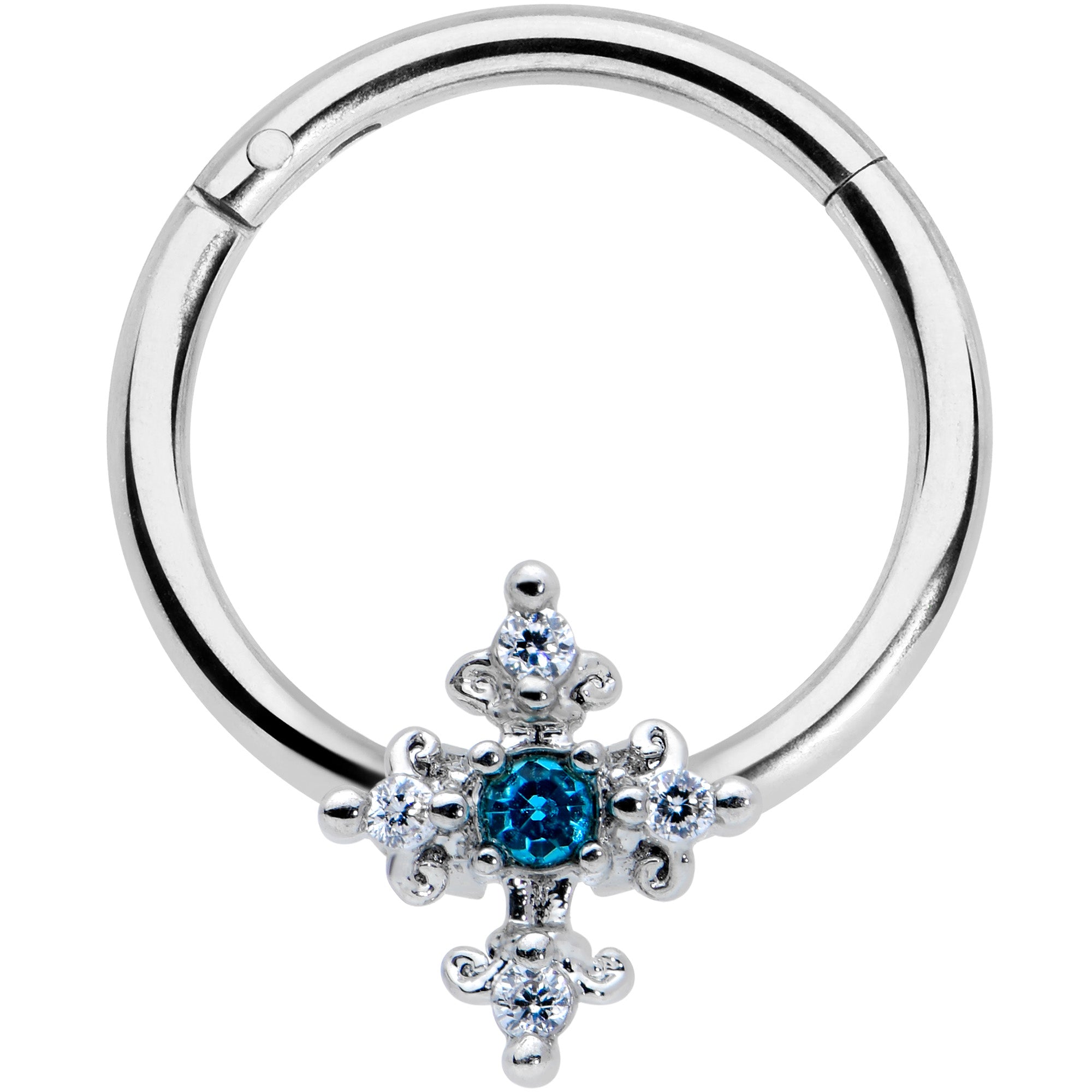 16G 3/8 Clear Blue Gem Renaissance Cross Hinged Segment Ring
