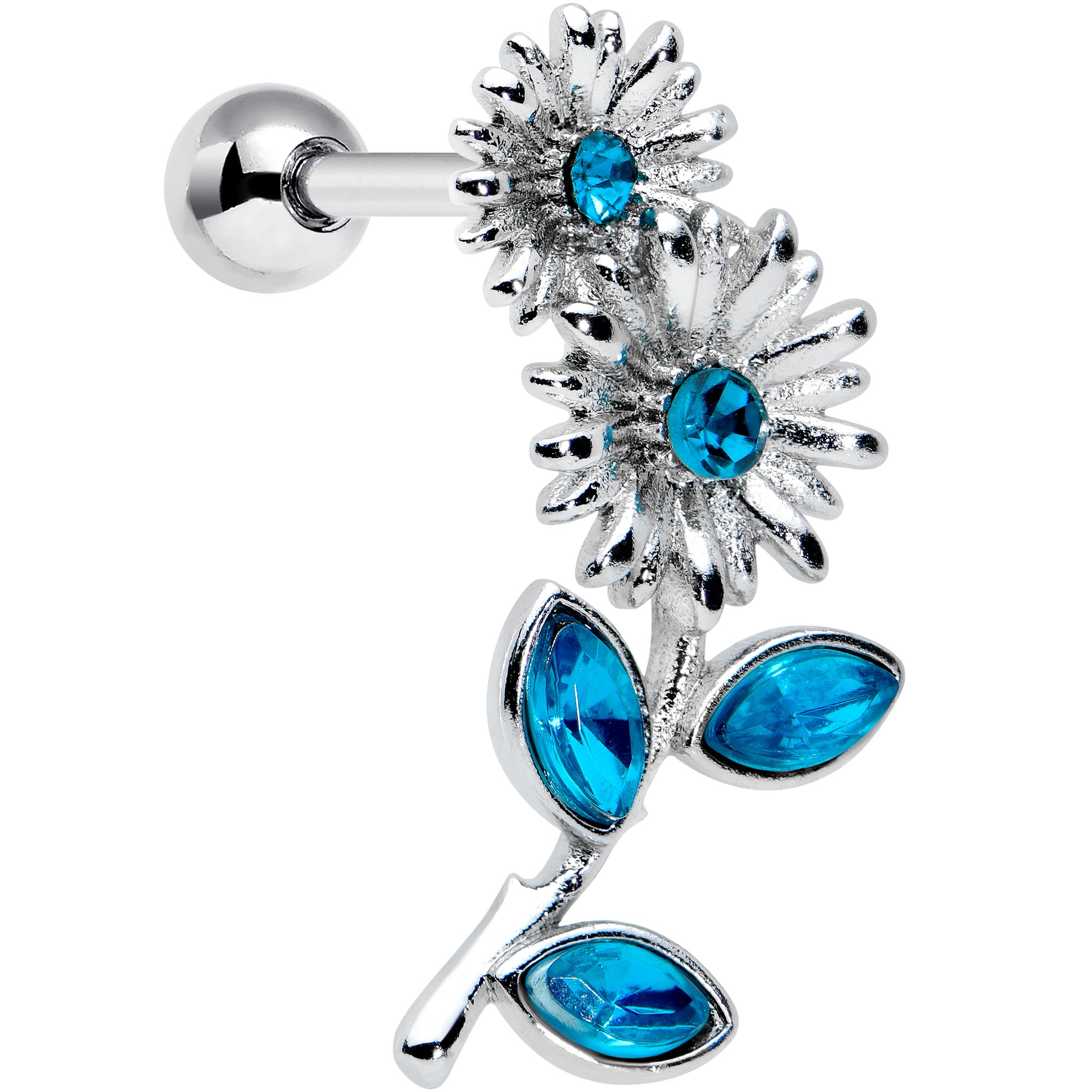 16G 1/4 Blue Gem Sunflower Blossoms Cartilage Tragus Earring