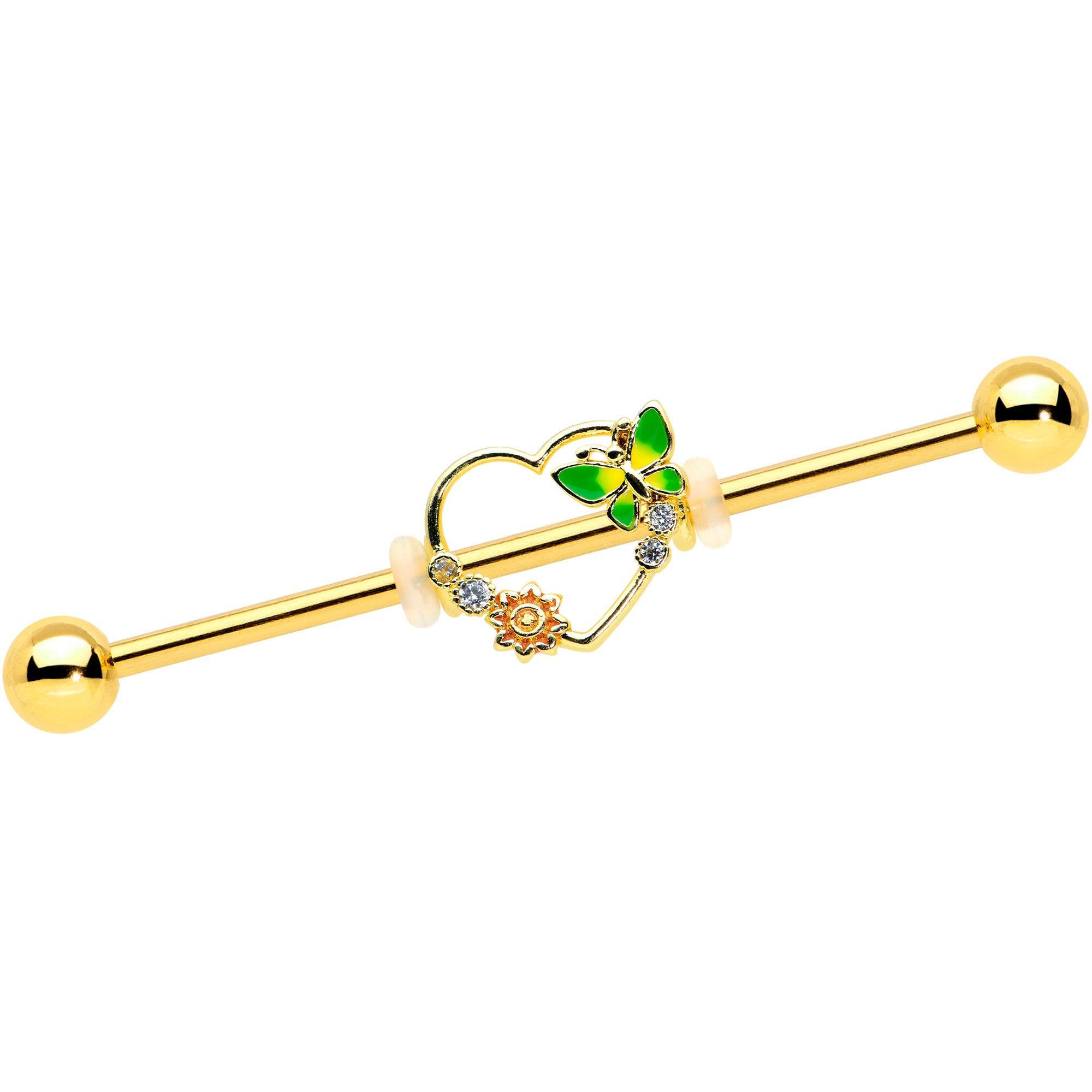 14G Clear CZ Gem Gold Tone Open Heart Sun Industrial Barbell 38mm
