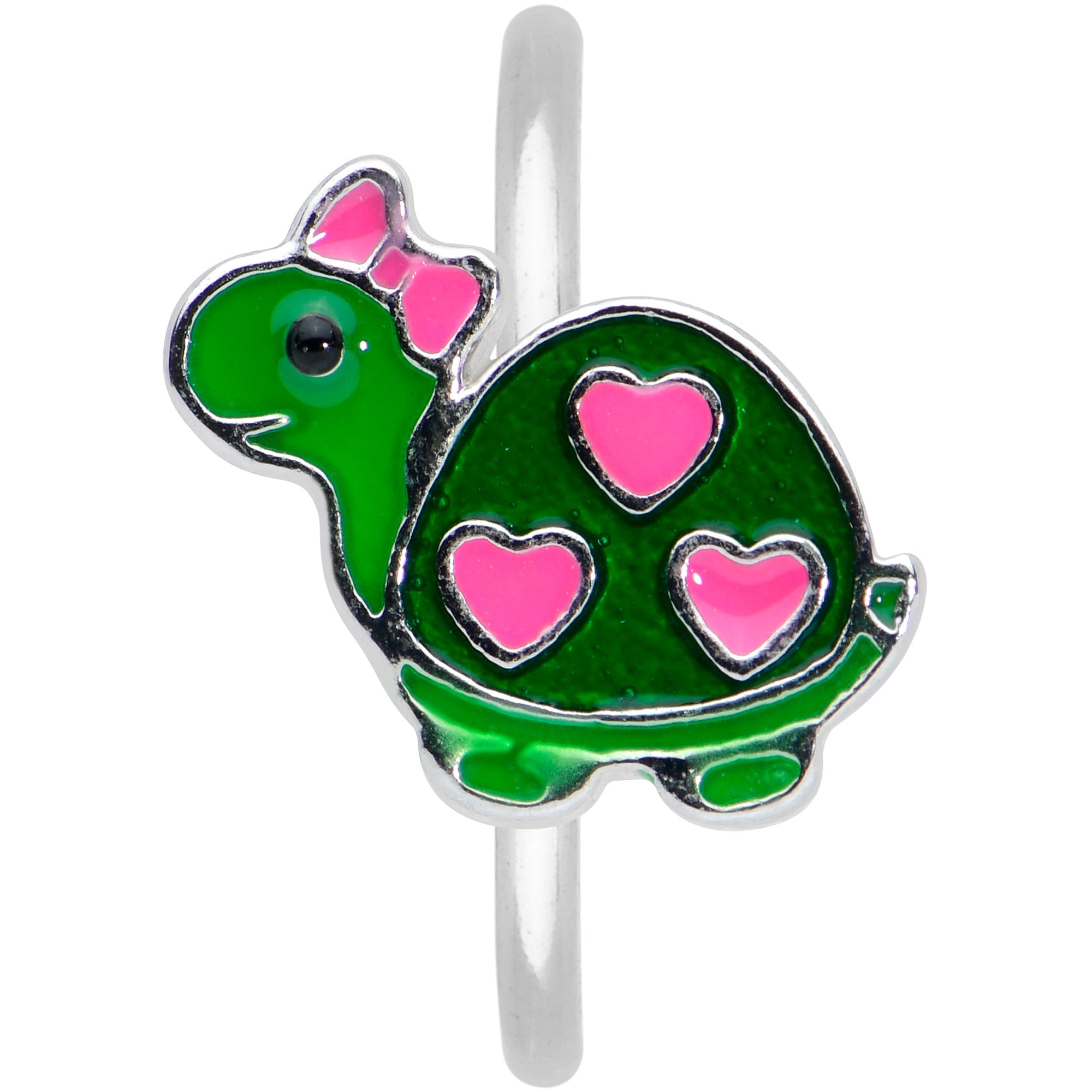 20G 5/16 Pink Hearts Bow Green Turtle Nose Hoop