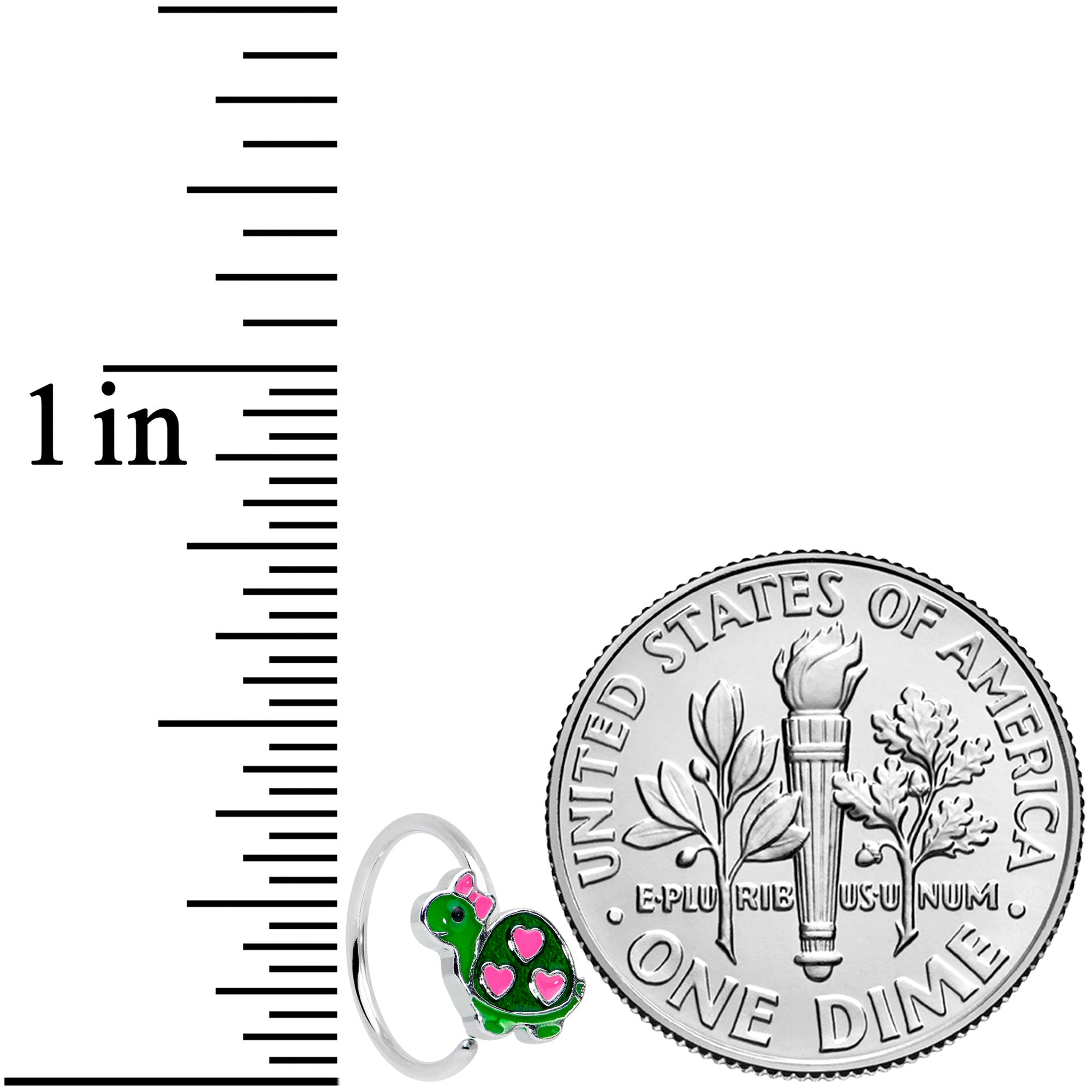 20G 5/16 Pink Hearts Bow Green Turtle Nose Hoop