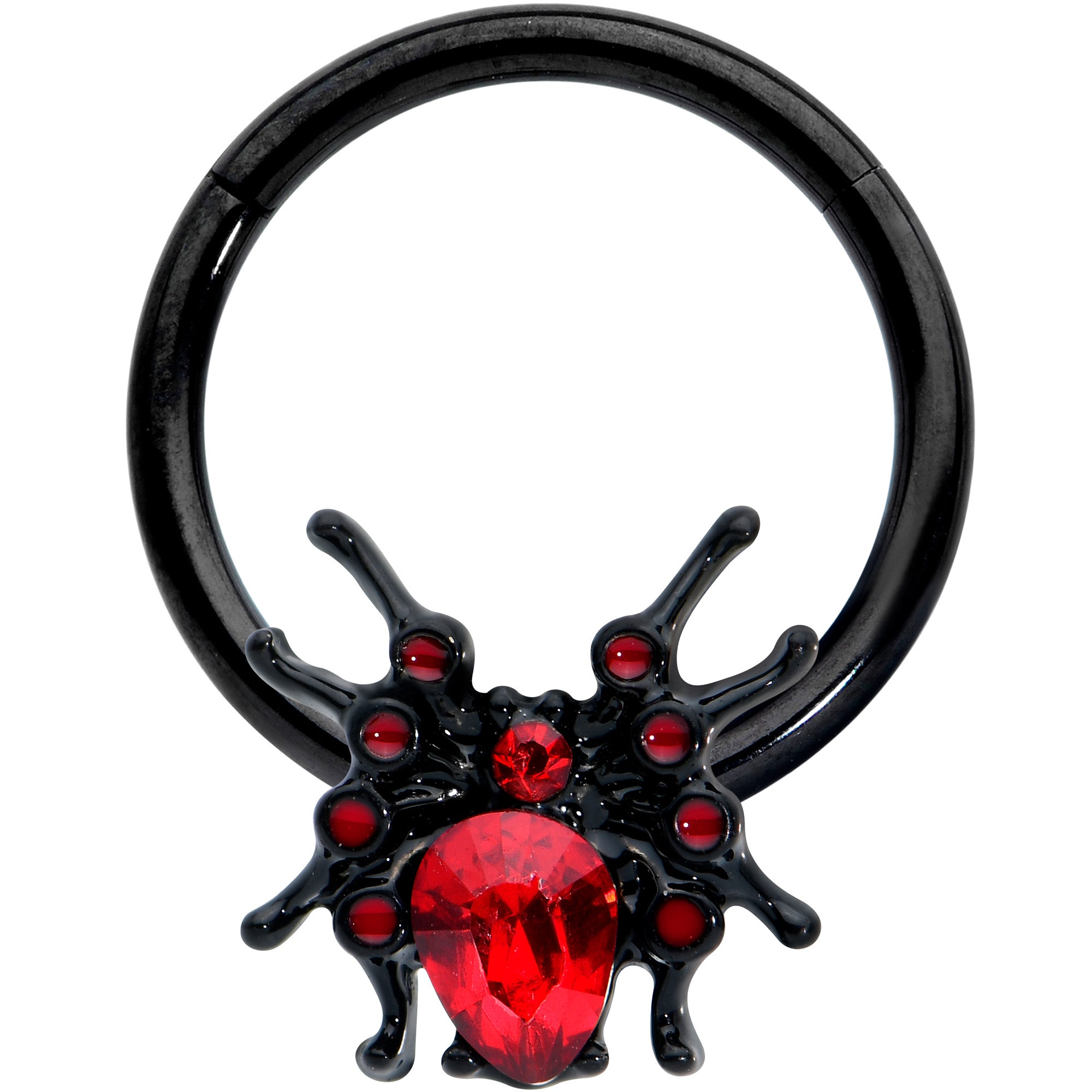 16G 3/8 Red Gem Black Spider Halloween Hinged Segment Ring