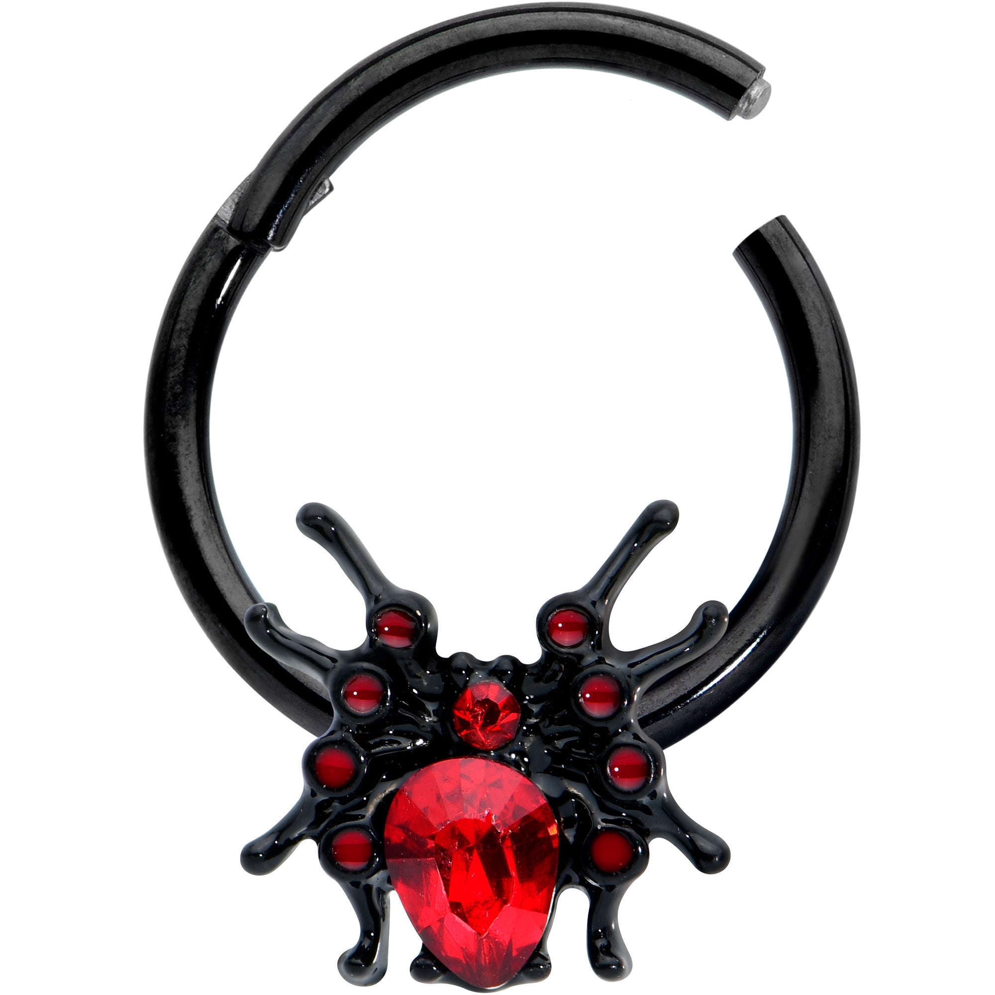 16G 3/8 Red Gem Black Spider Halloween Hinged Segment Ring