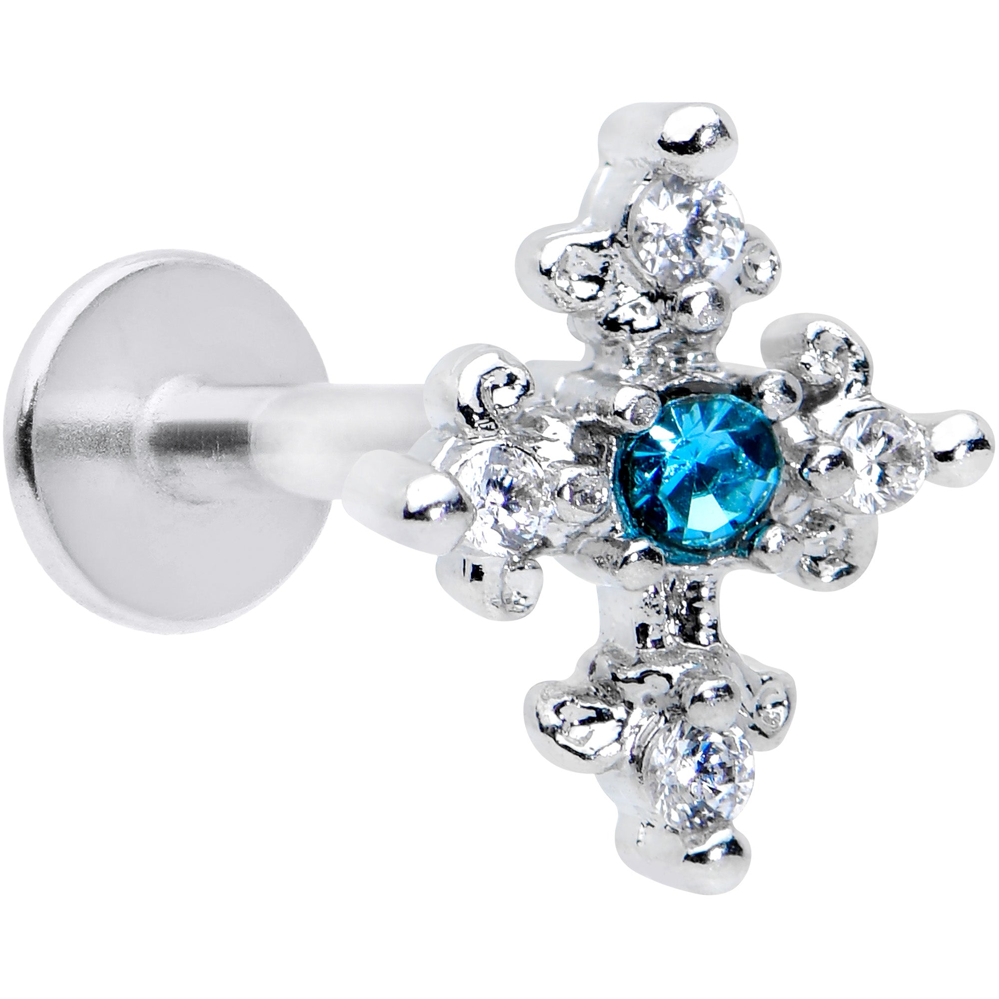 16G 5/16 Clear Blue Gem Renaissance Cross Labret Monroe Tragus