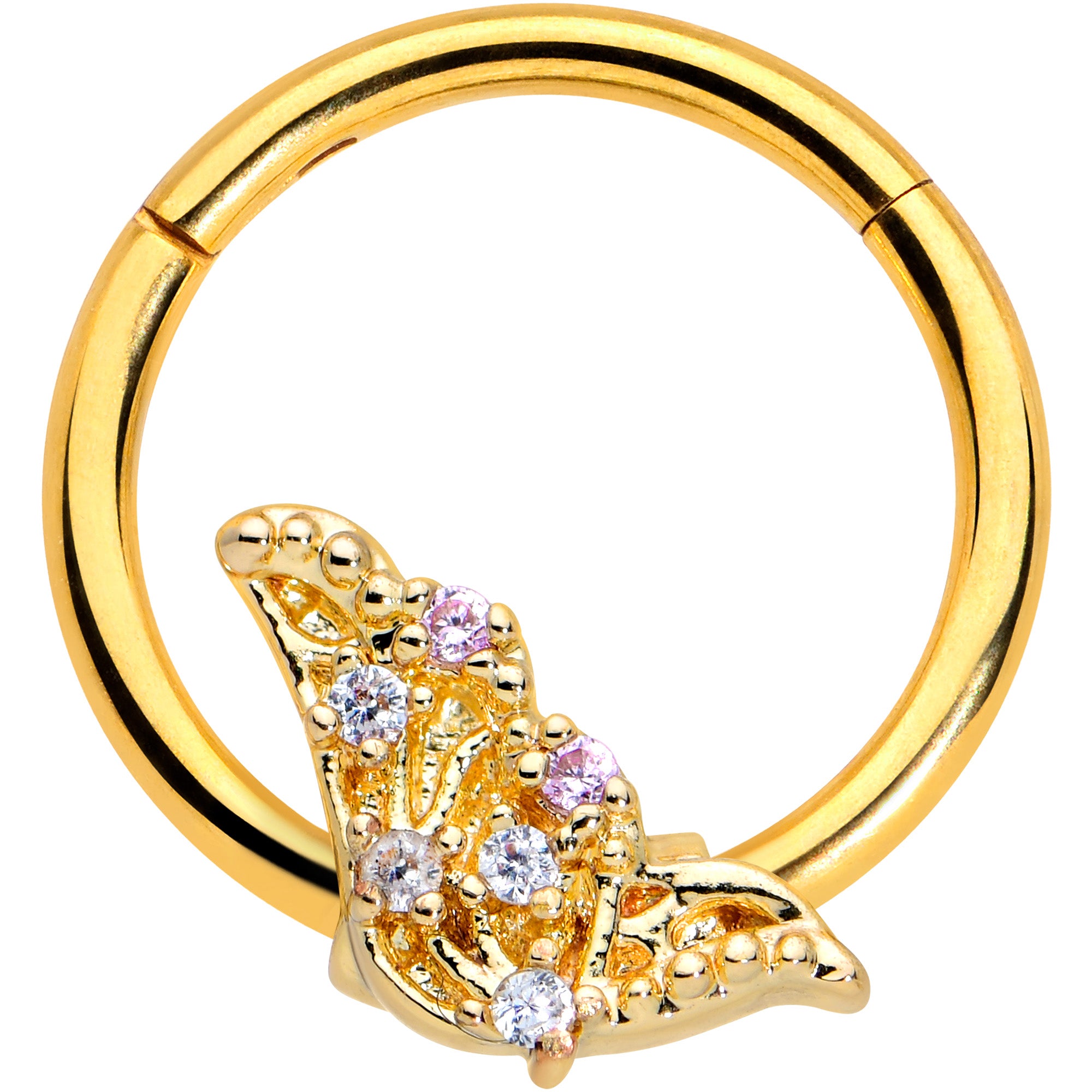 16G 3/8 Clear CZ Gem Gold Tone Butterfly Hinged Segment Ring