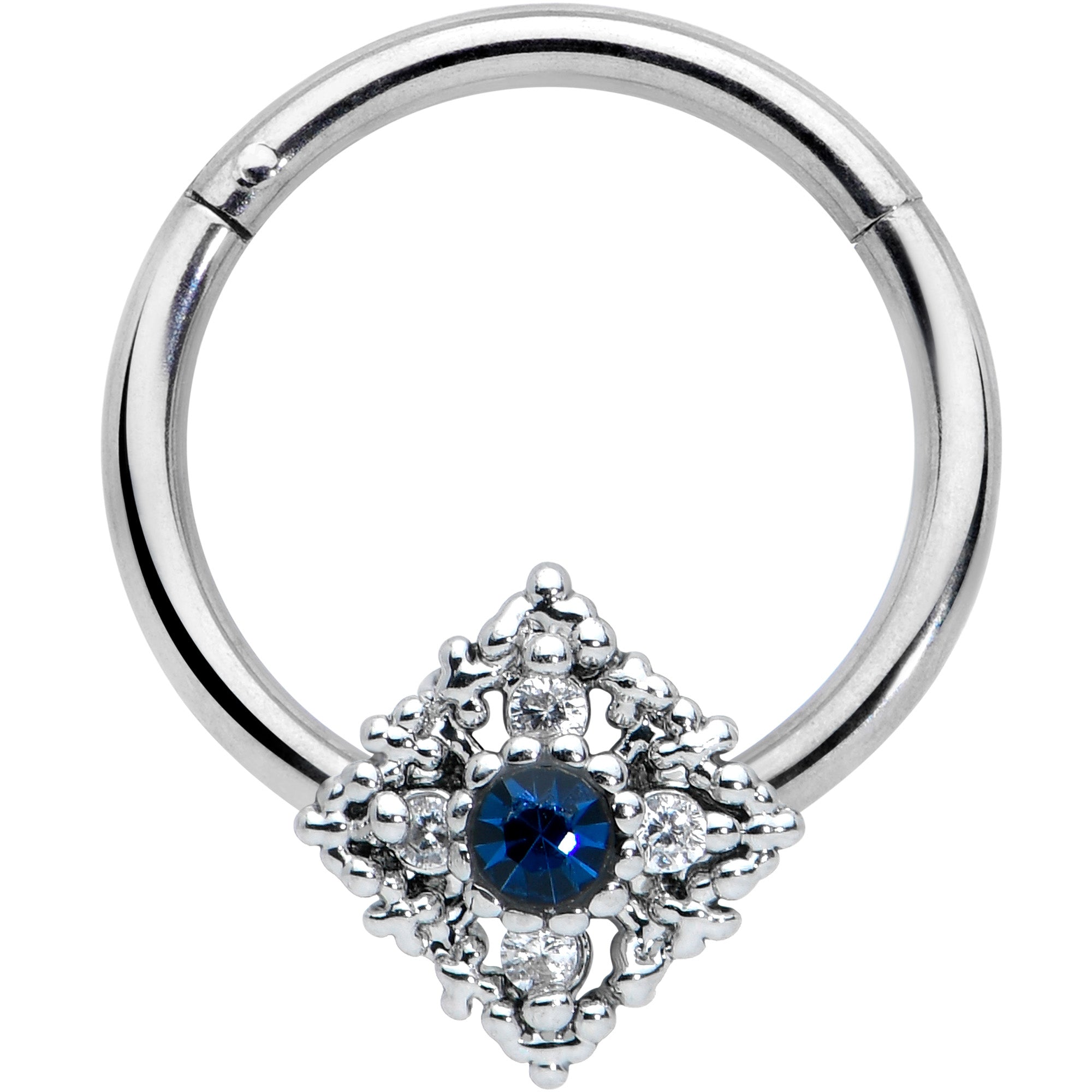 16G 3/8 Clear Blue Gem Textured Rhombus Cross Hinged Segment Ring