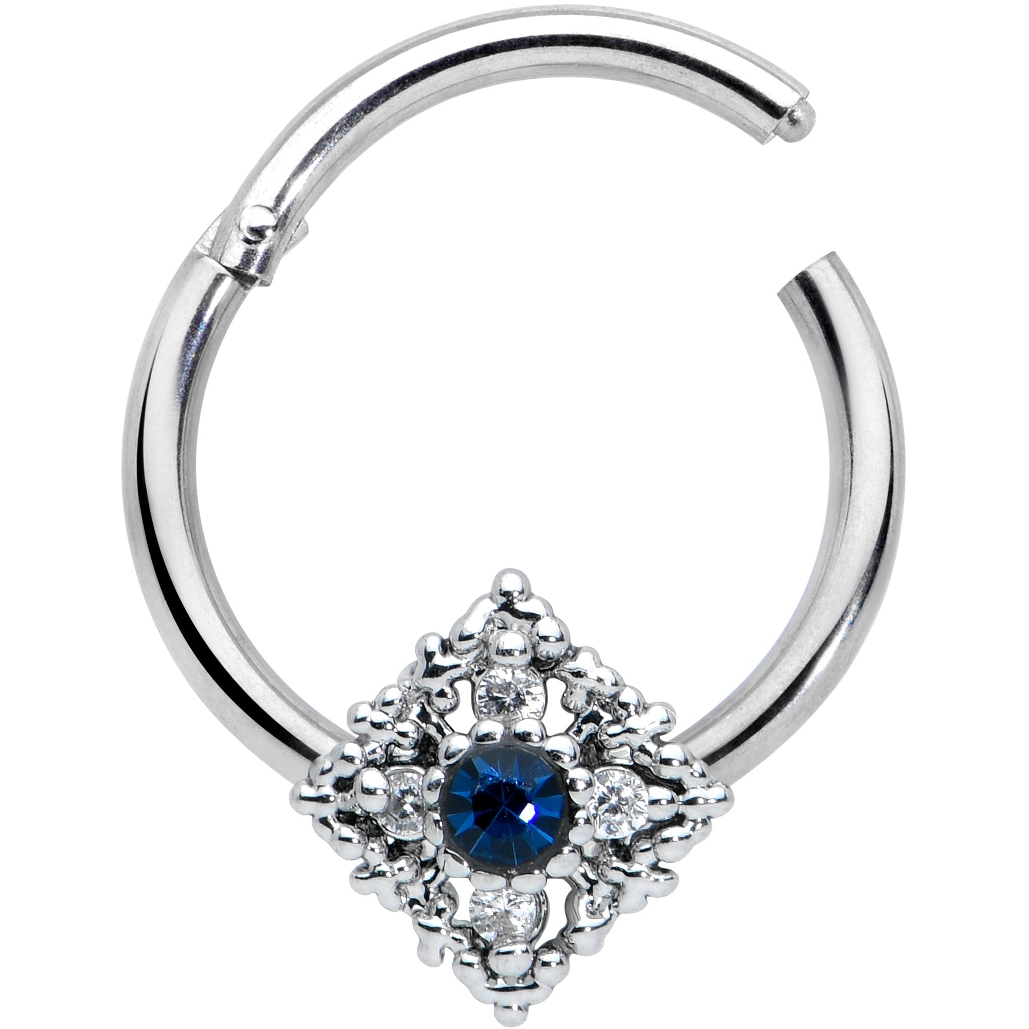 16G 3/8 Clear Blue Gem Textured Rhombus Cross Hinged Segment Ring