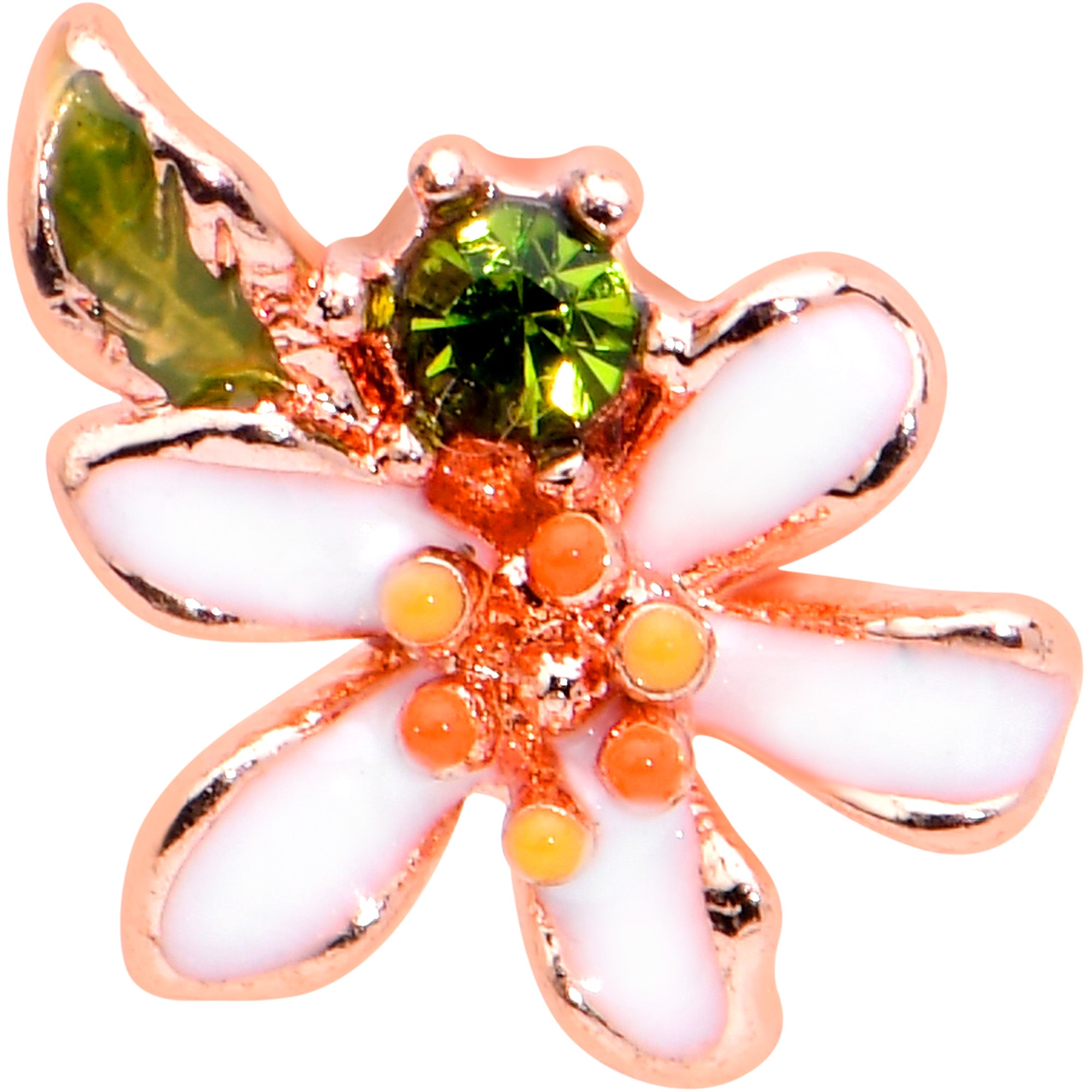 16G 1/4 Green CZ Gem Rose Gold Tone Bold Flower Labret Tragus