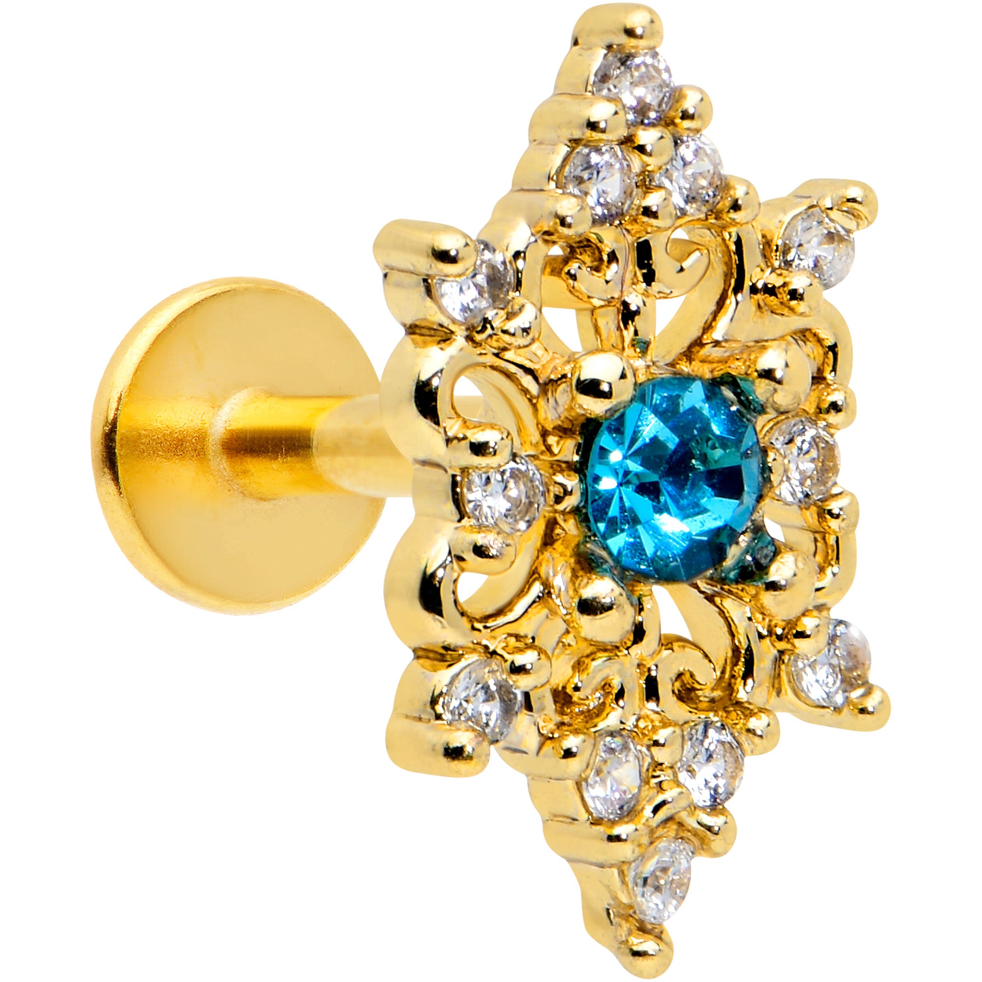 16G 1/4 Clear Blue Gem Gold Tone Royal Heart Labret Monroe Tragus