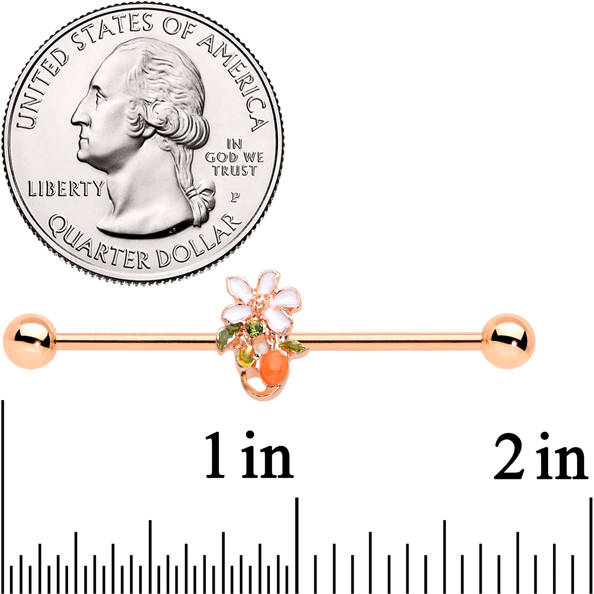 14G Green Gem Rose Gold Hue Orange Flower Industrial Barbell 38mm