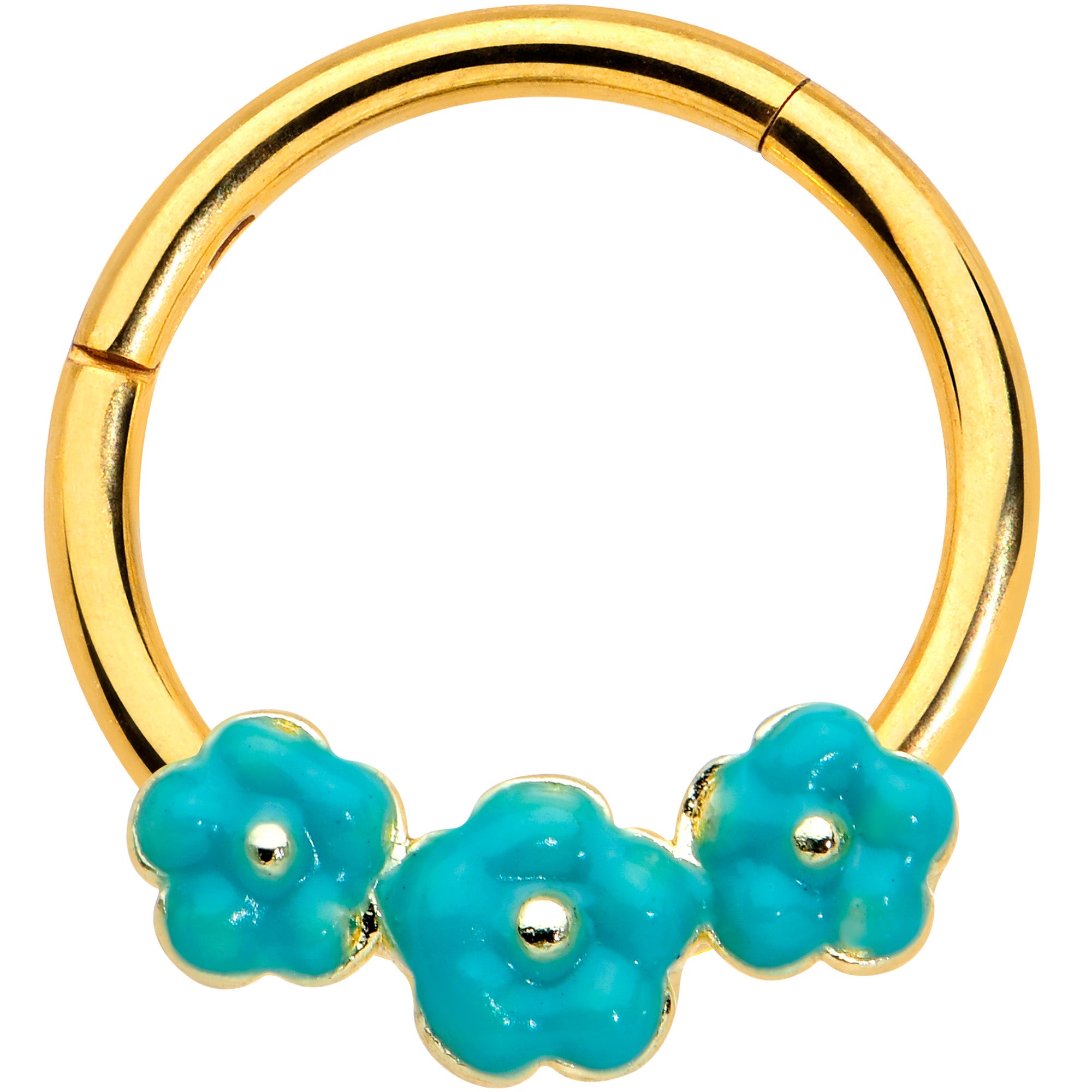 16G 3/8 Gold Tone Little Green Flower Hinged Segment Ring