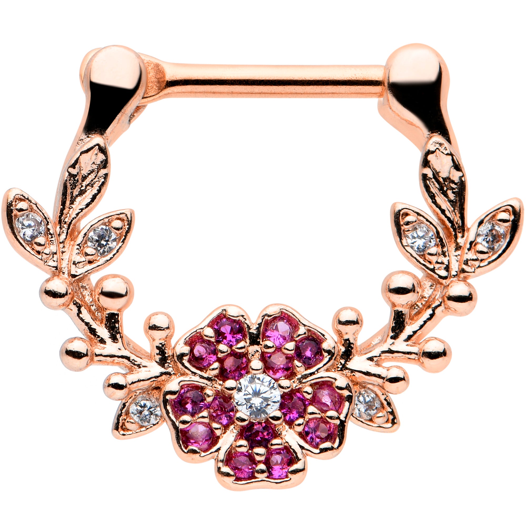 16G 5/16 Pink Gem Rose Gold Tone Heart Flower Cartilage Clicker